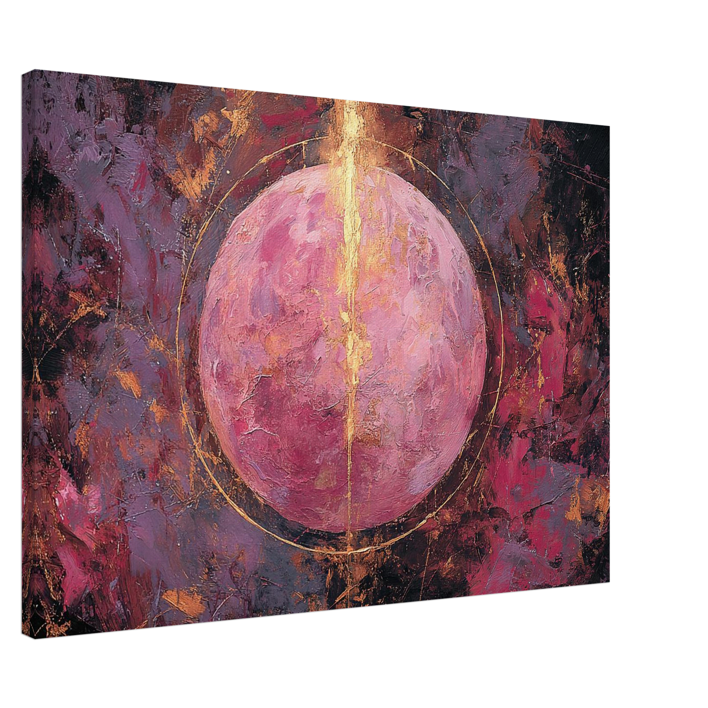 Aura Energy Spiritual Wall Art featuring a central circular form with layered texture in pink, gold, and dark tones, displayed in a black frame Abstract painting with a pink and gold central circle on a dark background
