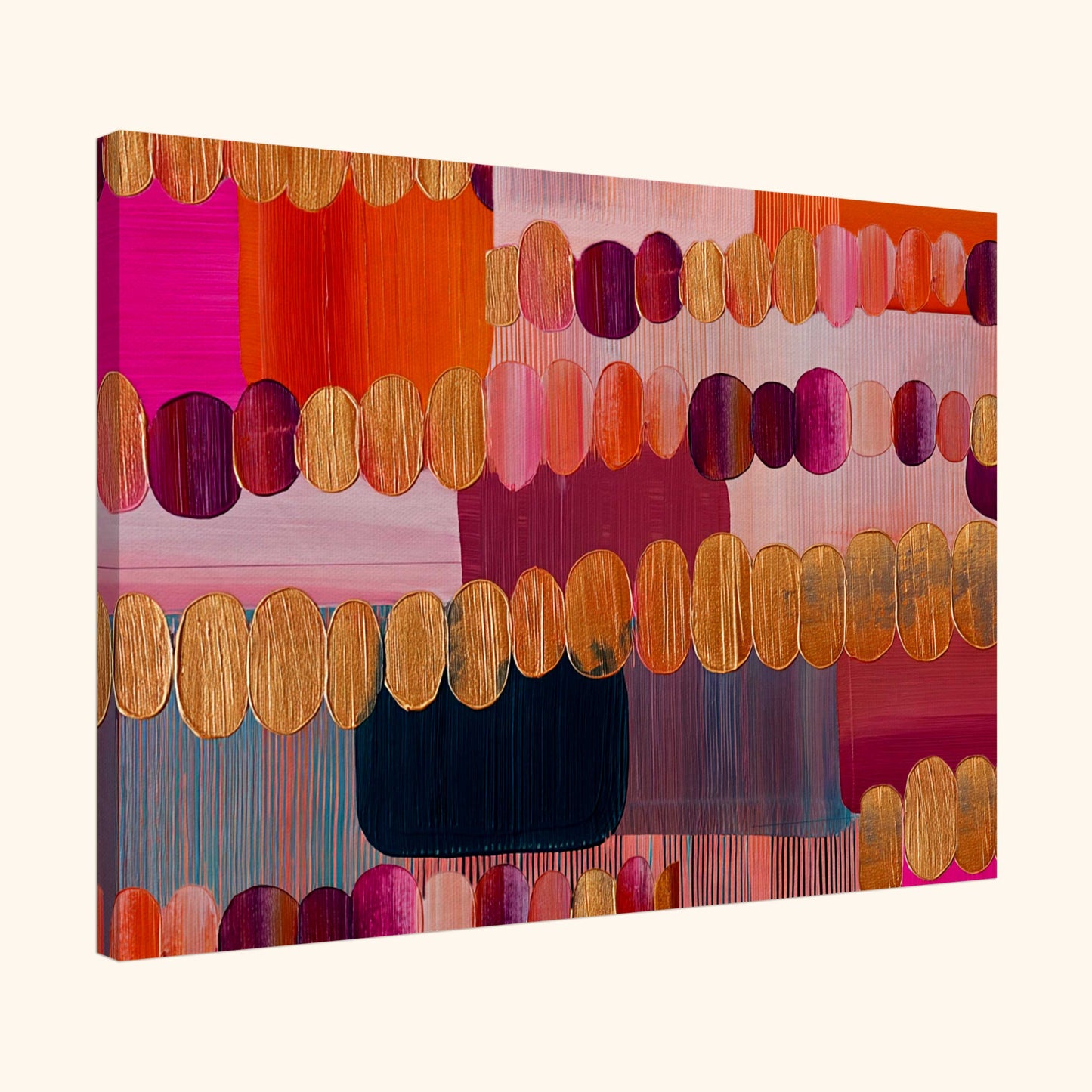 Love Energy Spiritual Wall Art Abstract geometric canvas wall art with repeated oval shapes and layered colour blocks in warm pink, orange, and muted blue tones.