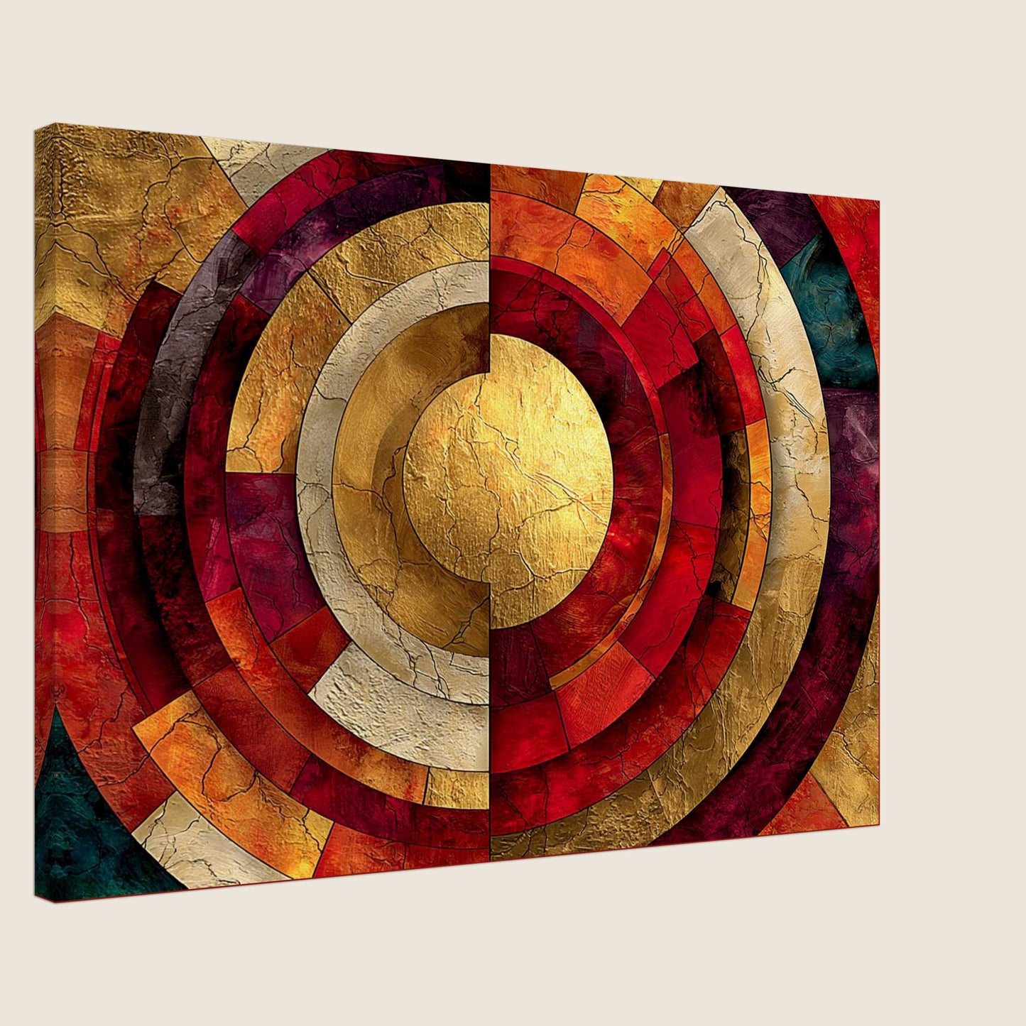 Sacred geometry spiritual wall art layered concentric circles and abstract geometric forms in red, gold, and neutral tones.