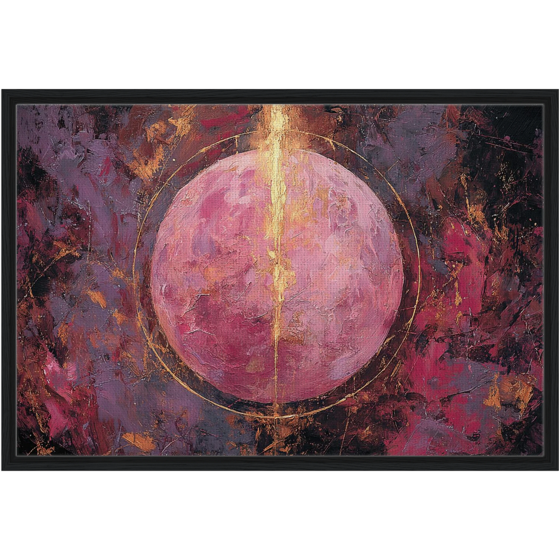 Aura Energy Spiritual Wall Art featuring a central circular form with layered texture in pink, gold, and dark tones, displayed in a black frame Abstract painting with a pink and gold central circle on a dark background