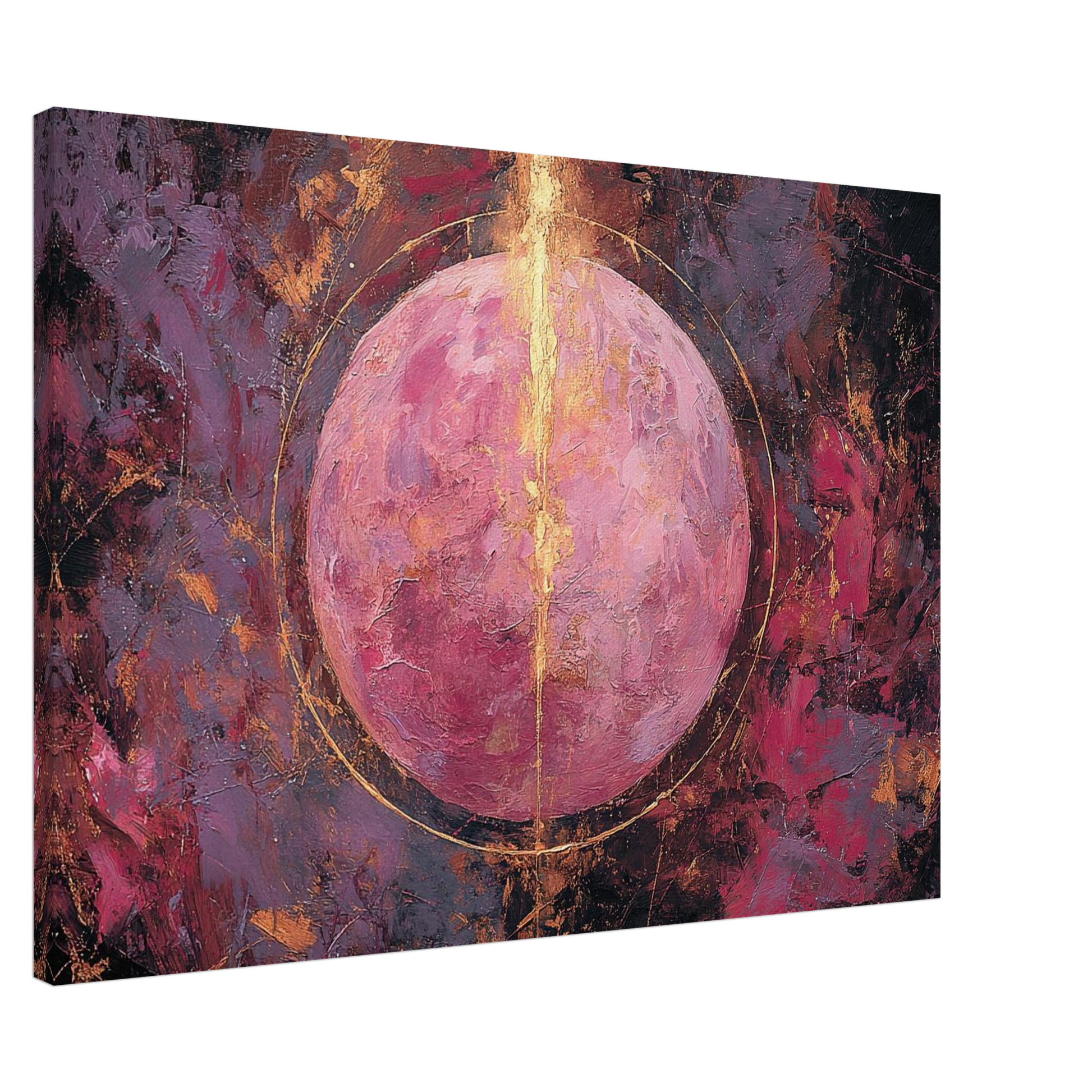 Aura Energy Spiritual Wall Art featuring a central circular form with layered texture in pink, gold, and dark tones, displayed in a black frame Abstract painting with a pink and gold central circle on a dark background