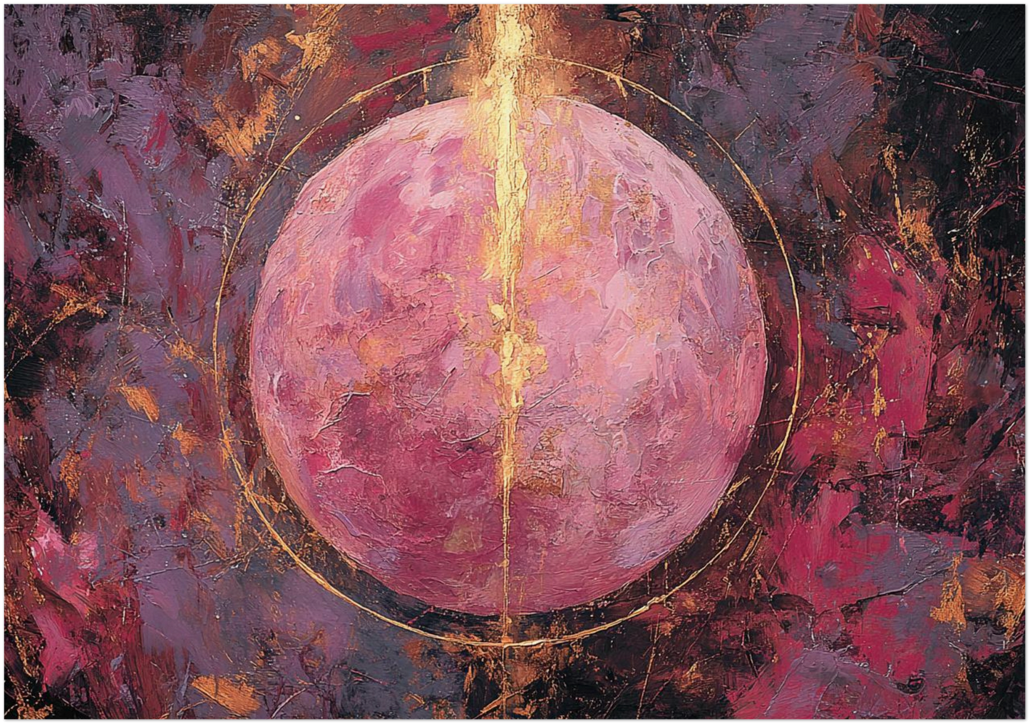 Aura Energy Spiritual Wall Art featuring a central circular form with layered texture in pink, gold, and dark tones, displayed in a black frame Abstract painting with a pink and gold central circle on a dark background