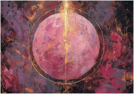 Aura Energy Spiritual Wall Art featuring a central circular form with layered texture in pink, gold, and dark tones, displayed in a black frame Abstract painting with a pink and gold central circle on a dark background