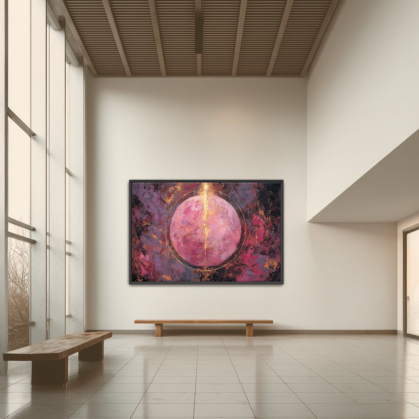 Aura Energy Spiritual Wall Art displayed in a modern living room interior, showing a central textured circle in warm pink and gold tone Modern living room with a large abstract painting on the wall, wooden furniture, and a large window Modern abstract art piece on a wall in a minimalistic room with benches.