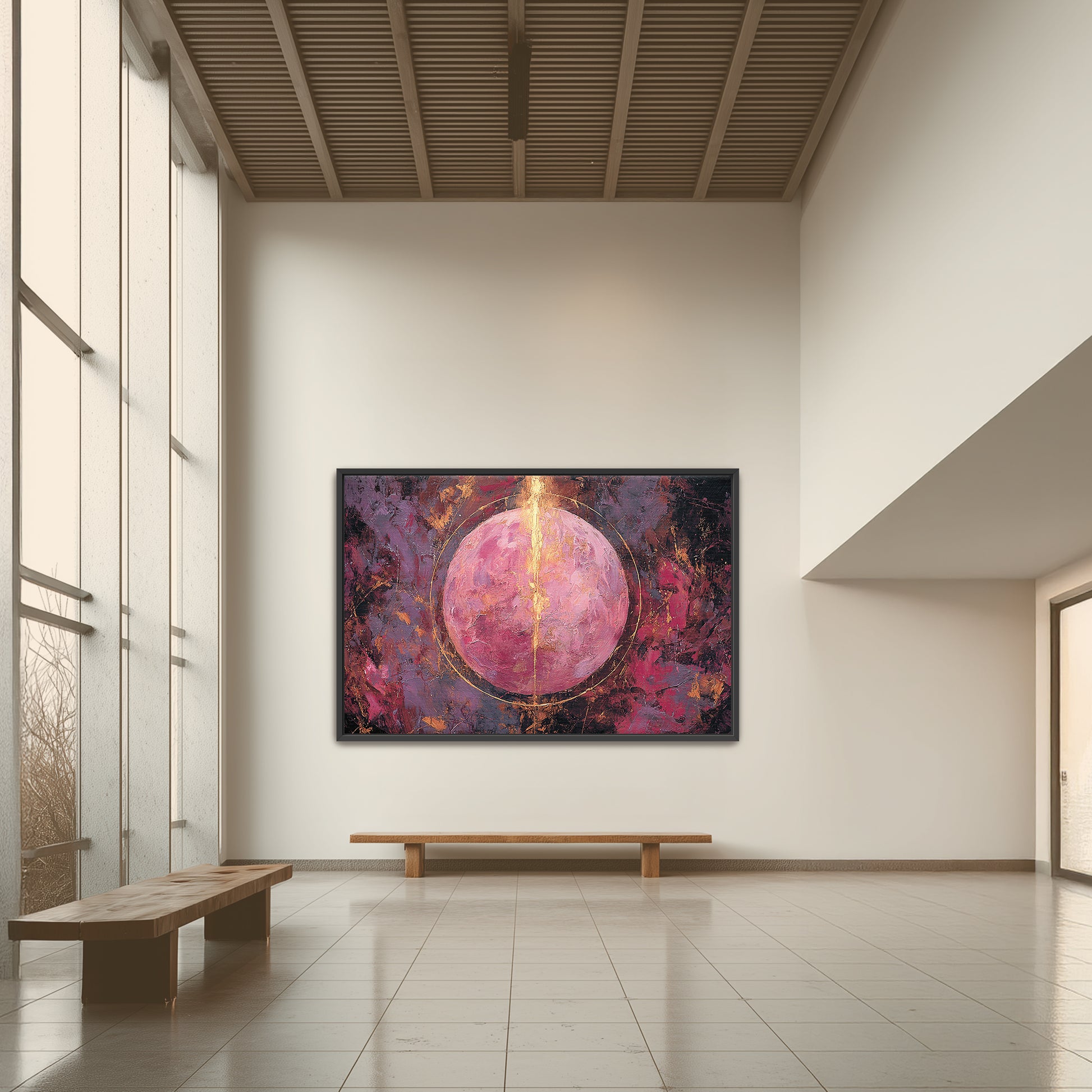 Aura Energy Spiritual Wall Art displayed in a modern living room interior, showing a central textured circle in warm pink and gold tone Modern living room with a large abstract painting on the wall, wooden furniture, and a large window Modern abstract art piece on a wall in a minimalistic room with benches.