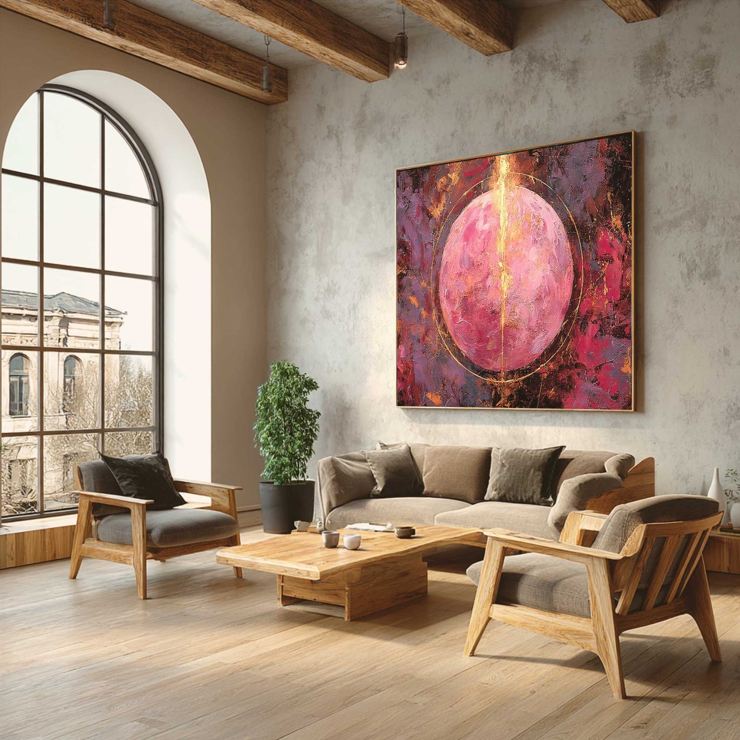 Aura Energy Spiritual Wall Art displayed in a modern living room interior, showing a central textured circle in warm pink and gold tone Modern living room with a large abstract painting on the wall, wooden furniture, and a large window.