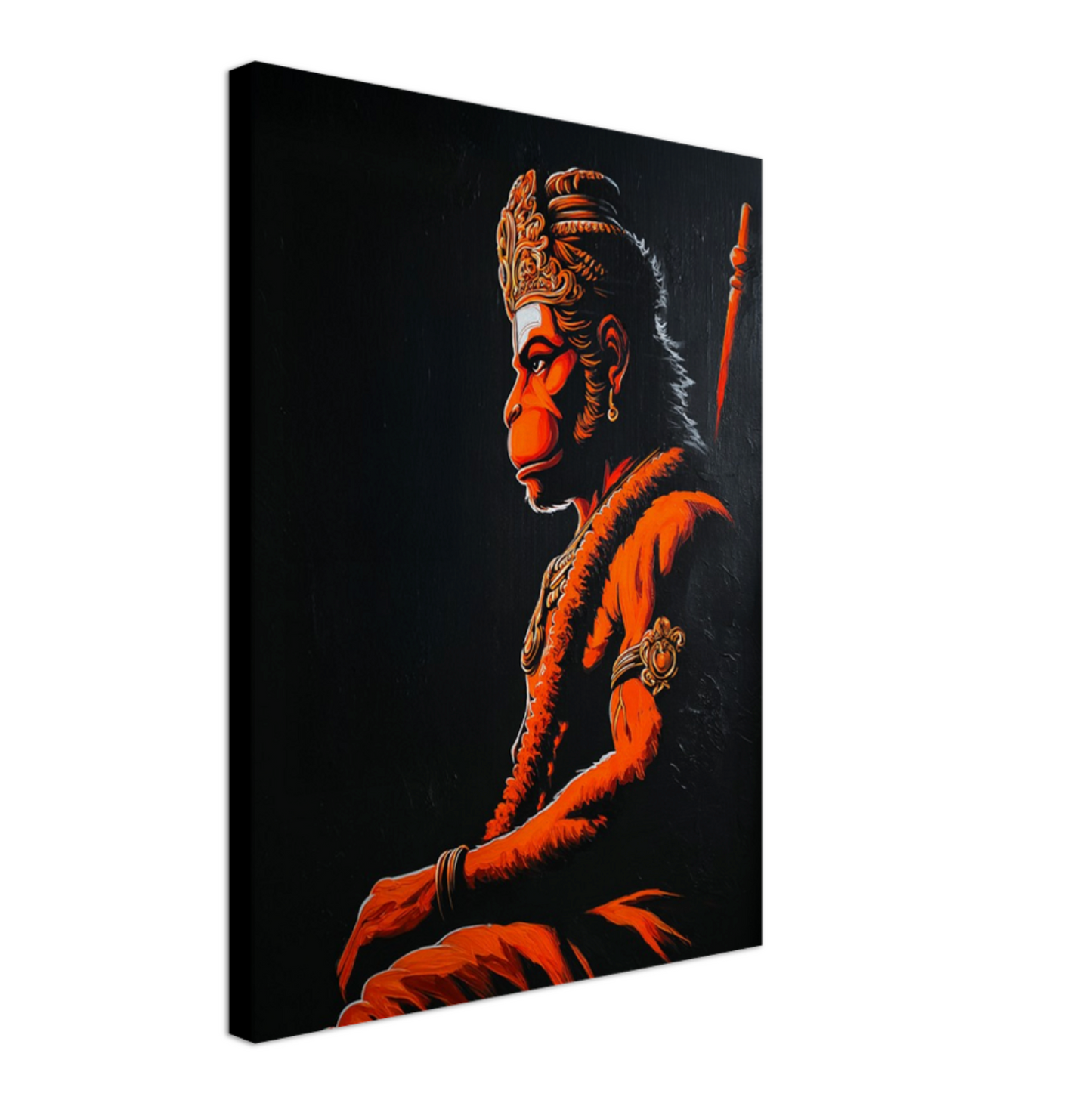 Canvas wall art of Hanuman ji with orange and black colors on a dark background.