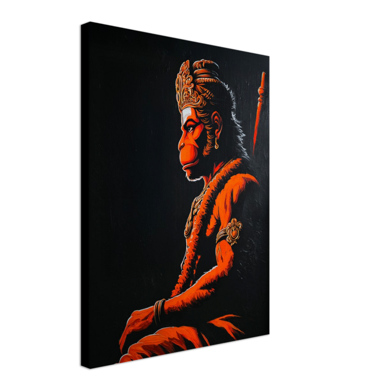 Canvas wall art of Hanuman ji with orange and black colors on a dark background.