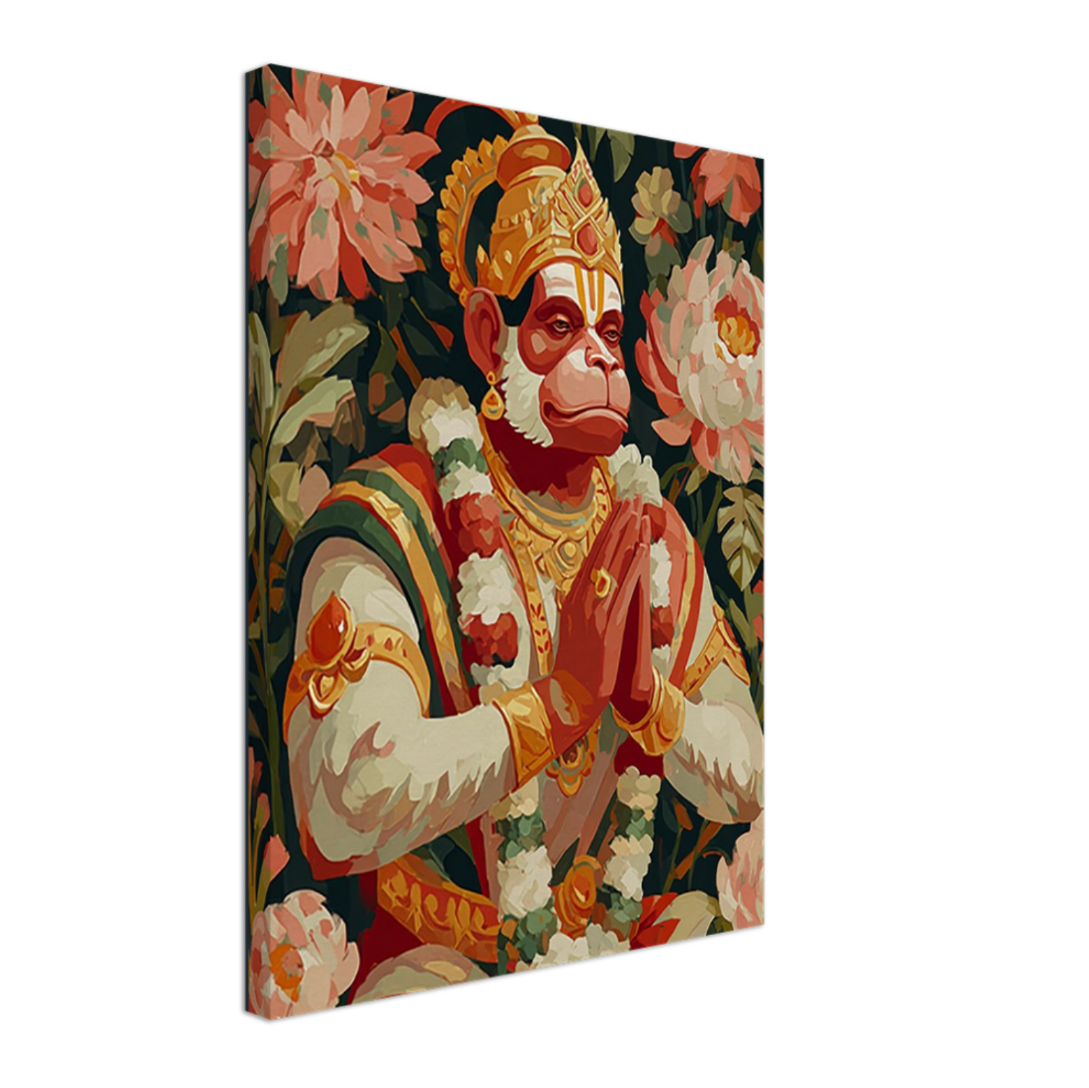 Canvas print of  Hindu God Hanuman with floral background