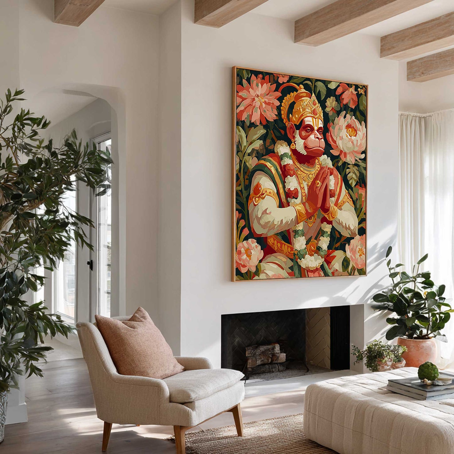 Decorative painting of Lord Hanuman wall art displayed in a modern interior space surrounded by flowers in a living room with a fireplace and plants.