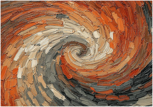 Energy Flow Spiritual Wall Art Abstract painting with swirling patterns in orange, gray, and white.