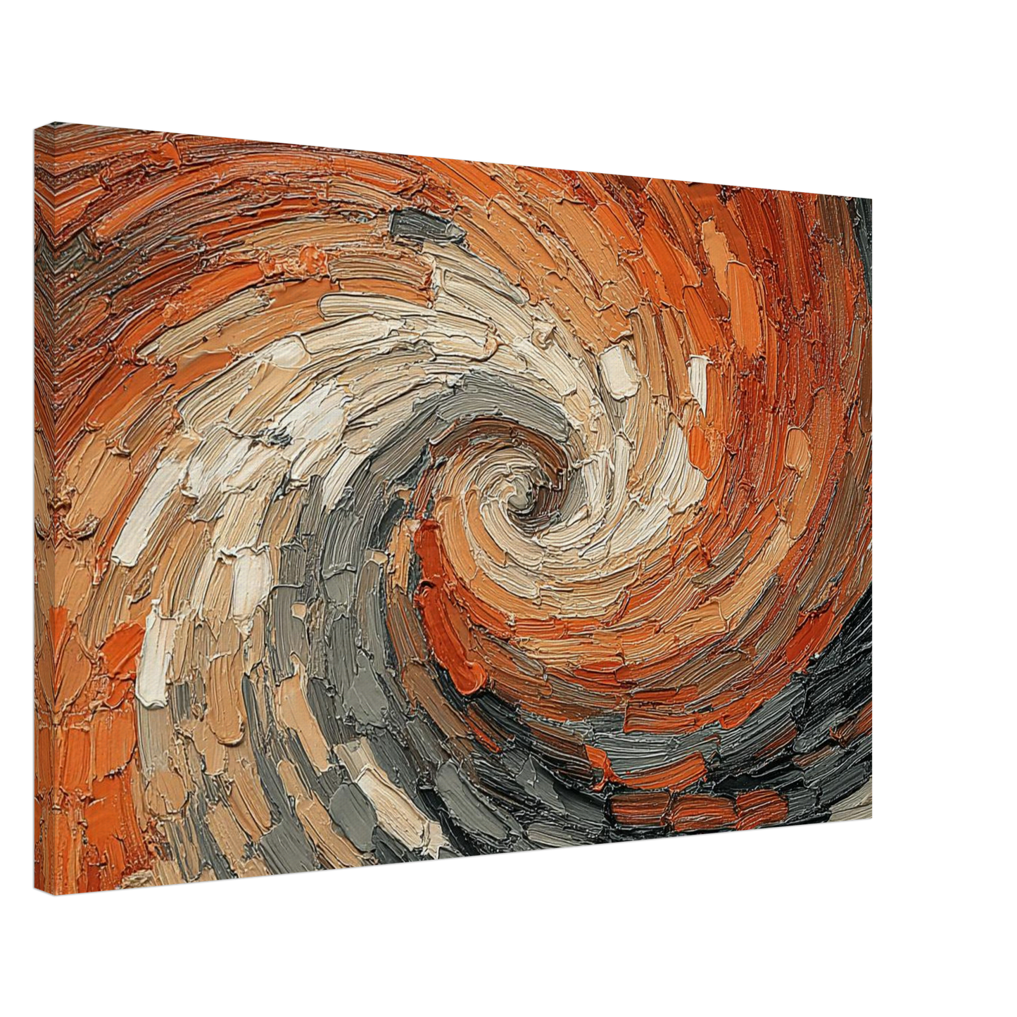 Energy Flow Spiritual Wall Art Abstract spiritual wall art canvas featuring layered textured brush strokes in warm orange and neutral grey tones.Abstract art piece with swirling patterns in orange, gray, and beige on a white background