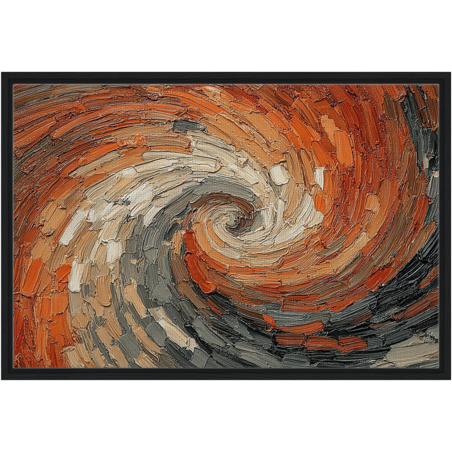 Energy Flow Spiritual Wall Art Abstract spiritual wall art print featuring thick textured brush strokes in orange, beige, and grey tones, displayed in a black frame.Abstract art with swirling patterns in orange, gray, and white on a white background