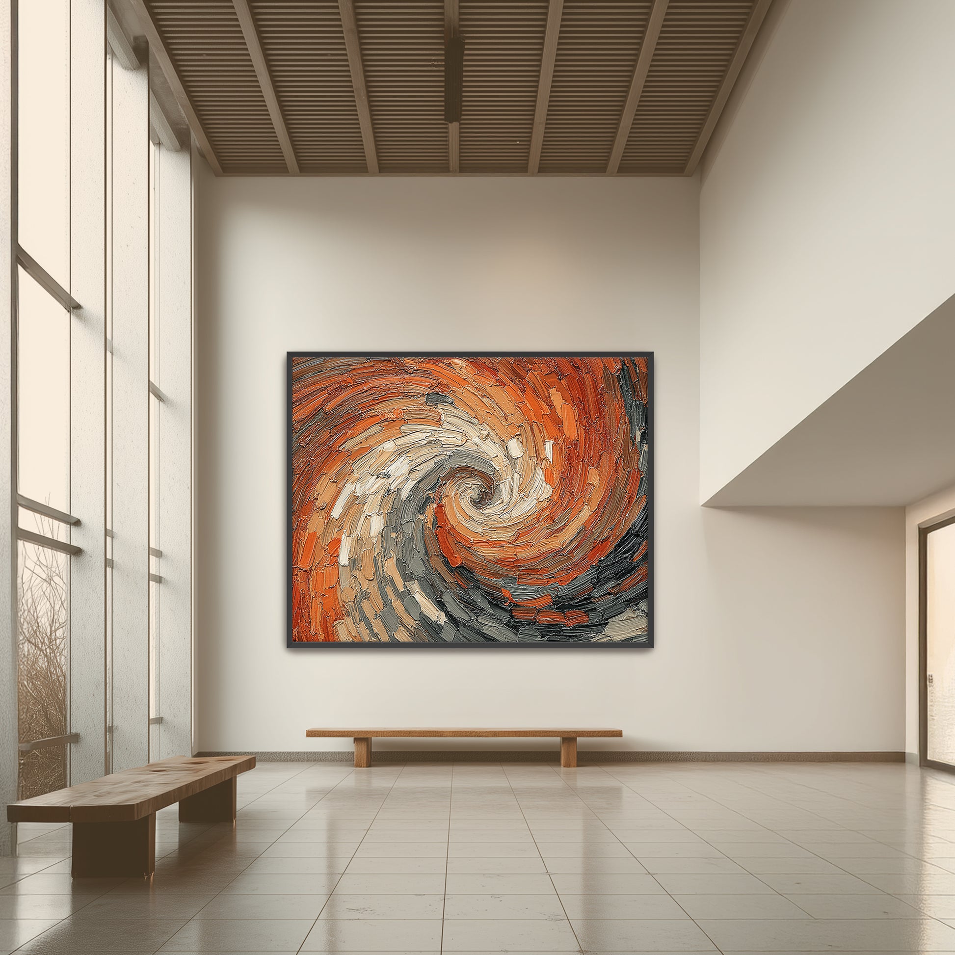 Energy Flow Spiritual Wall Art Abstract spiritual wall art print styled in a contemporary living space, featuring thick textured brush strokes and circular abstract formModern interior with abstract art on a wall, wooden bench, and large windows.