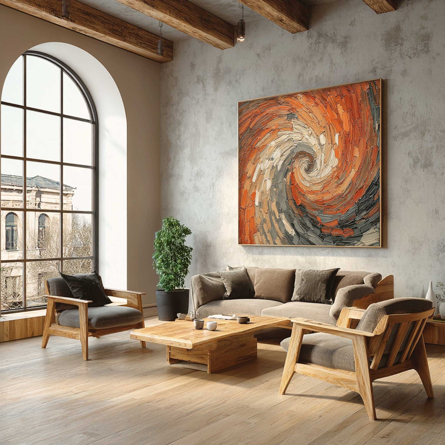Energy Flow Spiritual Wall Art Abstract spiritual wall art print displayed in a modern living room interior, showing textured circular brush strokes in warm and neutral tones.Modern living room with wooden furniture, a gray sofa, and a large abstract painting on the wall.