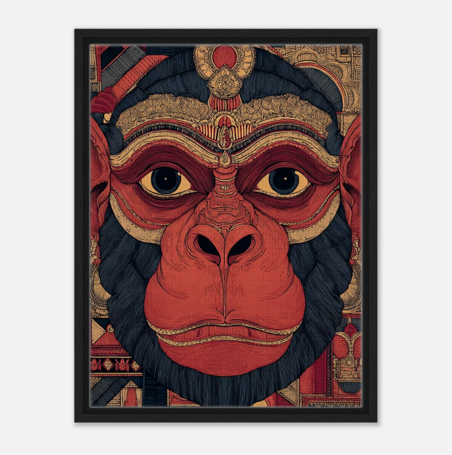 Framed artwork  Lord Hanuman wall art in contemporary spiritual stylewith intricate patterns on a white background