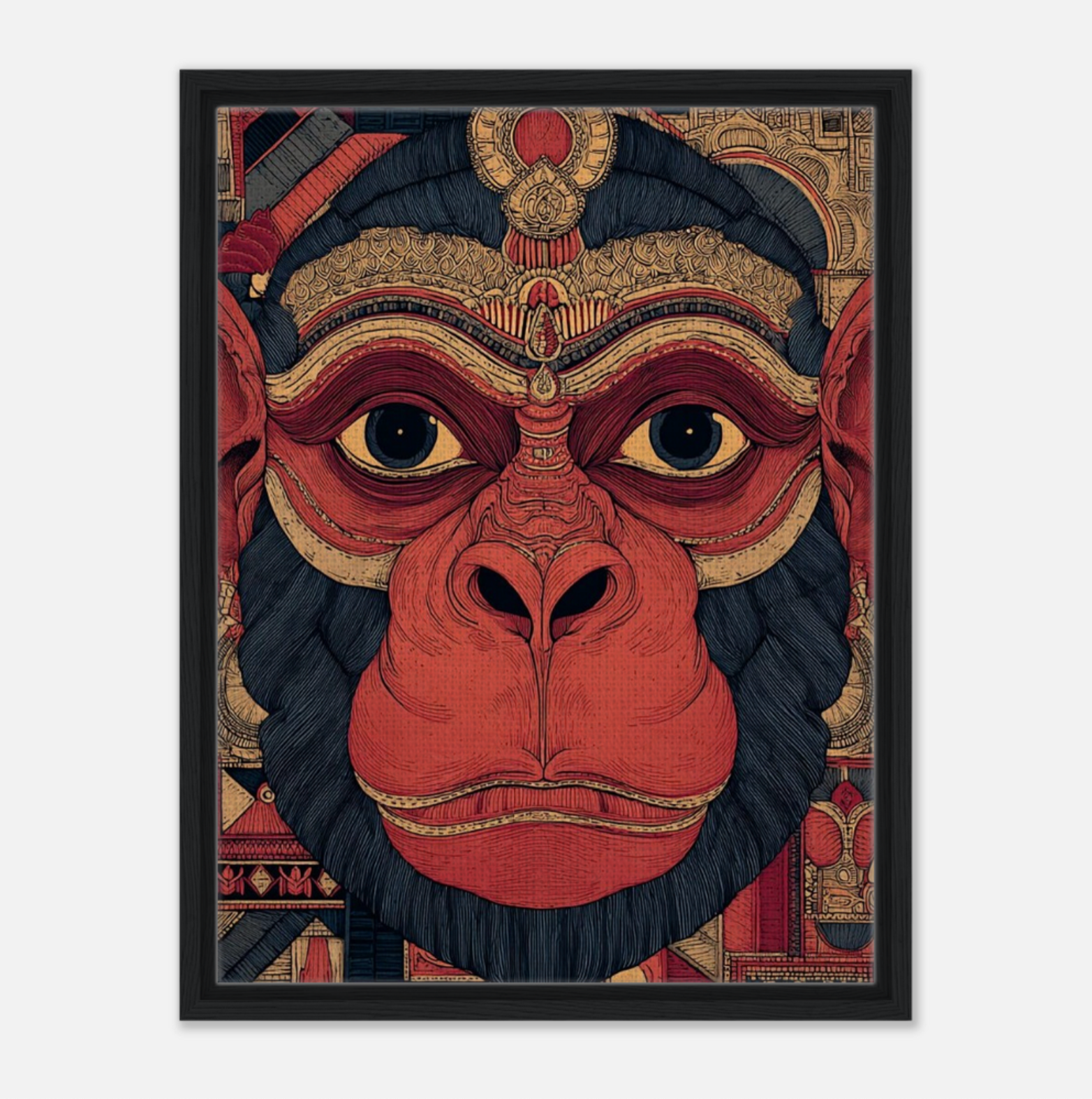 Framed artwork  Lord Hanuman wall art in contemporary spiritual stylewith intricate patterns on a white background