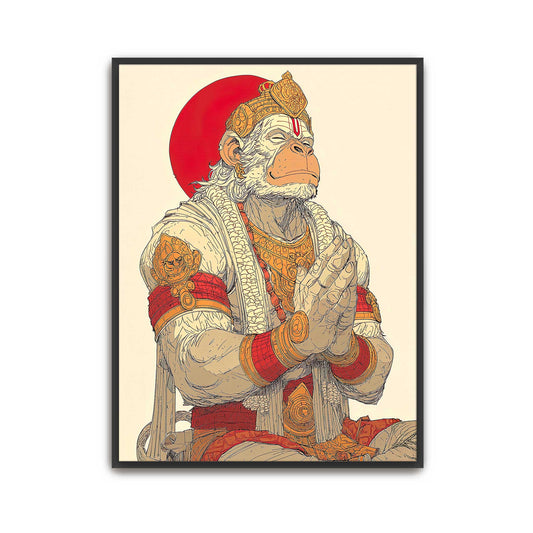 Framed artwork of Hunaman Hindu God in ornate clothing with a red circle in the background.