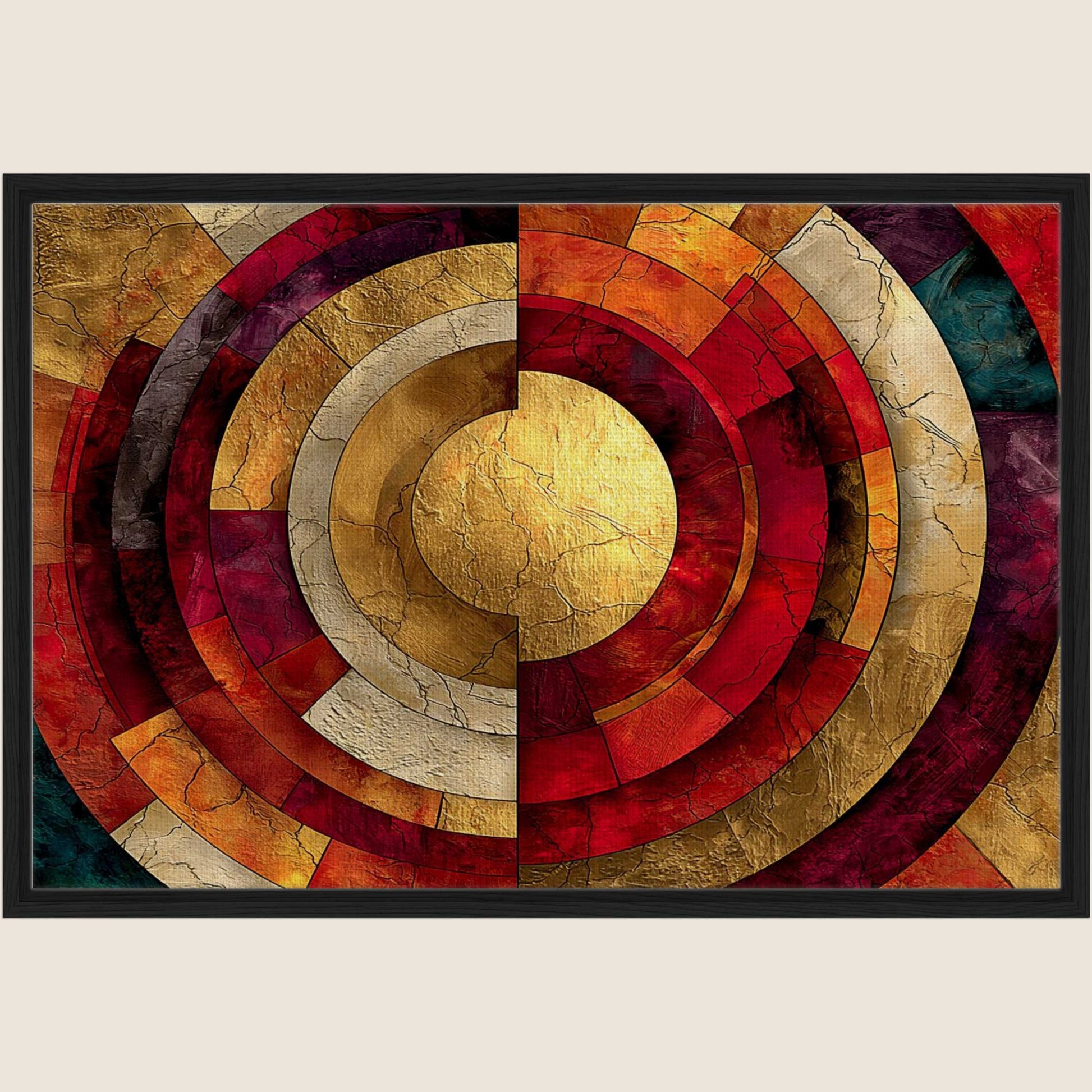 Sacred geometry spiritual wall art  displayed in a black frame, featuring concentric circular shapes in red and gold tones with layered geometric segments.