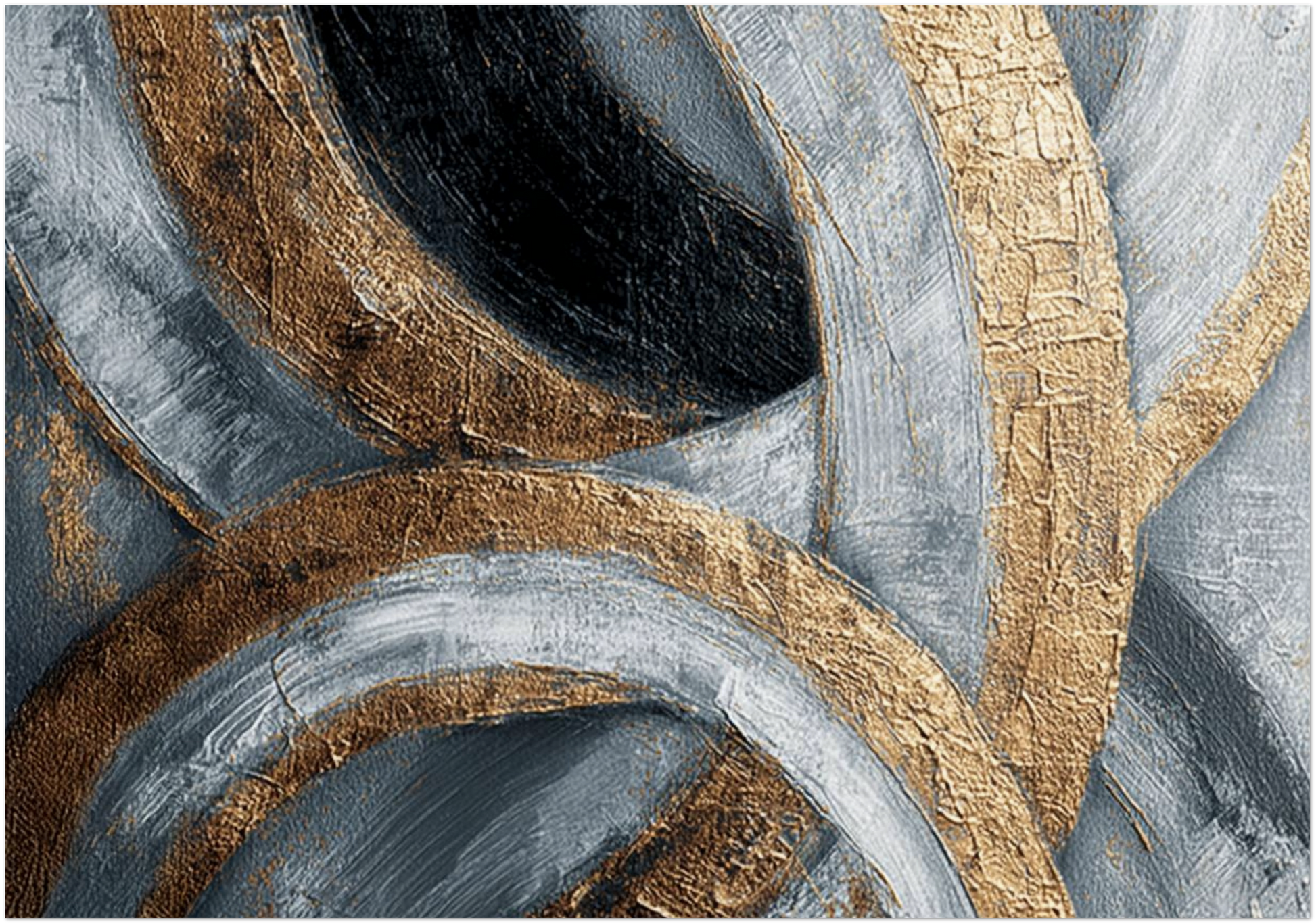 Grounding Spiritual Energy Wall Art featuring flowing curved brush strokes in gold, grey, and black tones, 