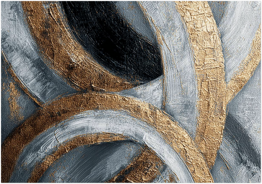 Grounding Spiritual Energy Wall Art featuring flowing curved brush strokes in gold, grey, and black tones, 