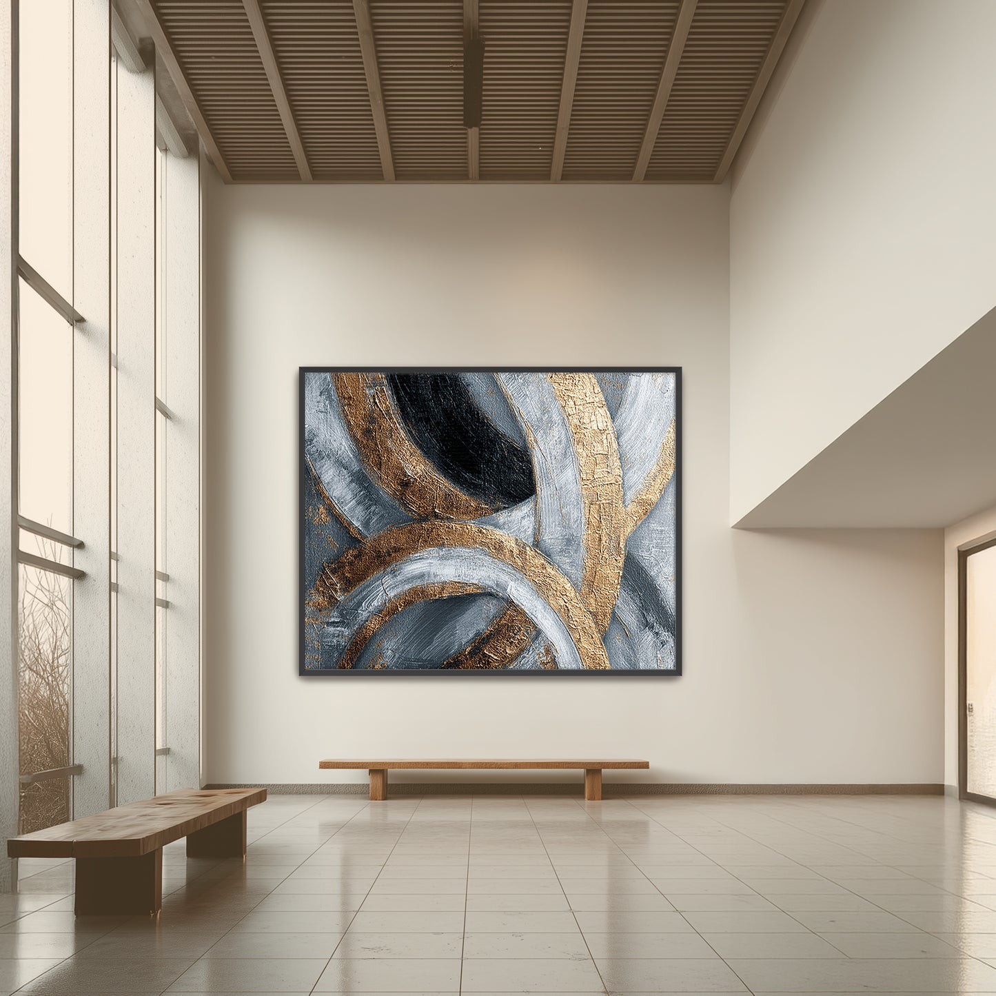 Grounding Spiritual Energy Wall Art with gold and gray patterns on a beige wall Modern interior with abstract art on a wall, wooden bench, and large windows.