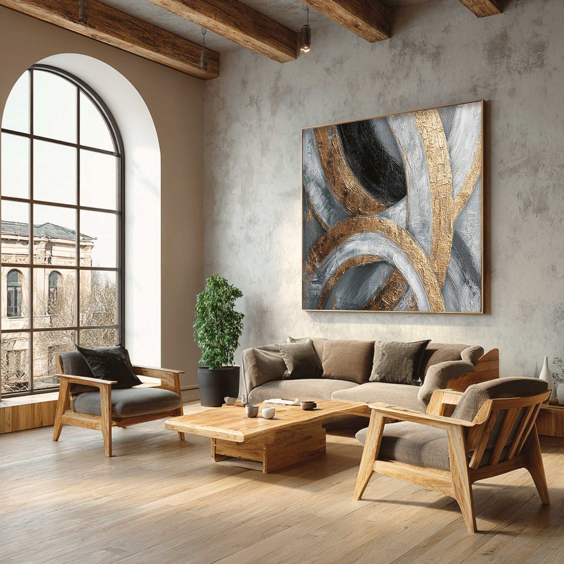 Grounding Spiritual Energy Wall Art patterns on a beige wall. A Modern living room with wooden furniture, grey sofa, and abstract art on the wall.