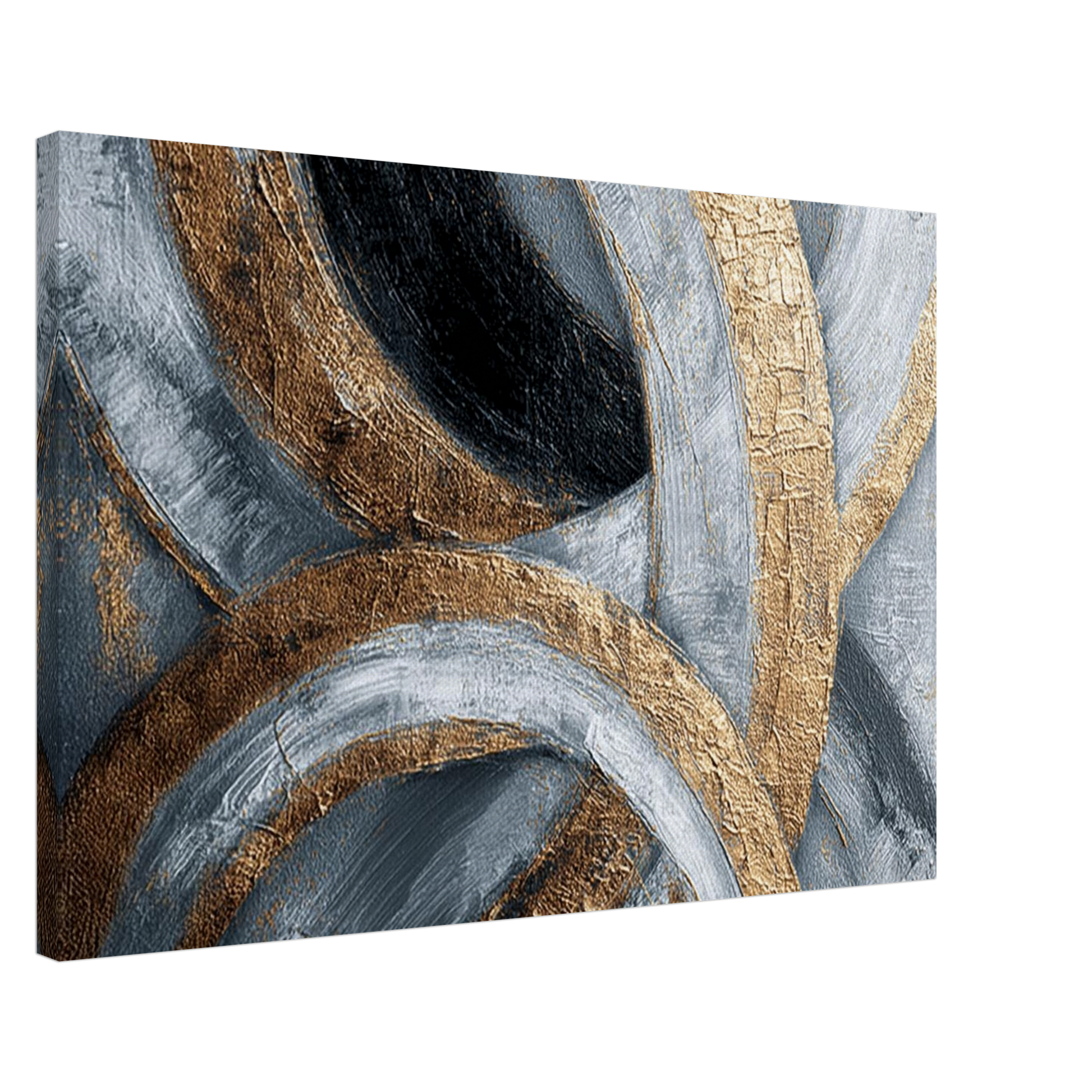 Grounding Spiritual Energy Wall Art Abstract gold grey energy wall art canvas featuring layered curved brush strokes in metallic gold and grey tones.