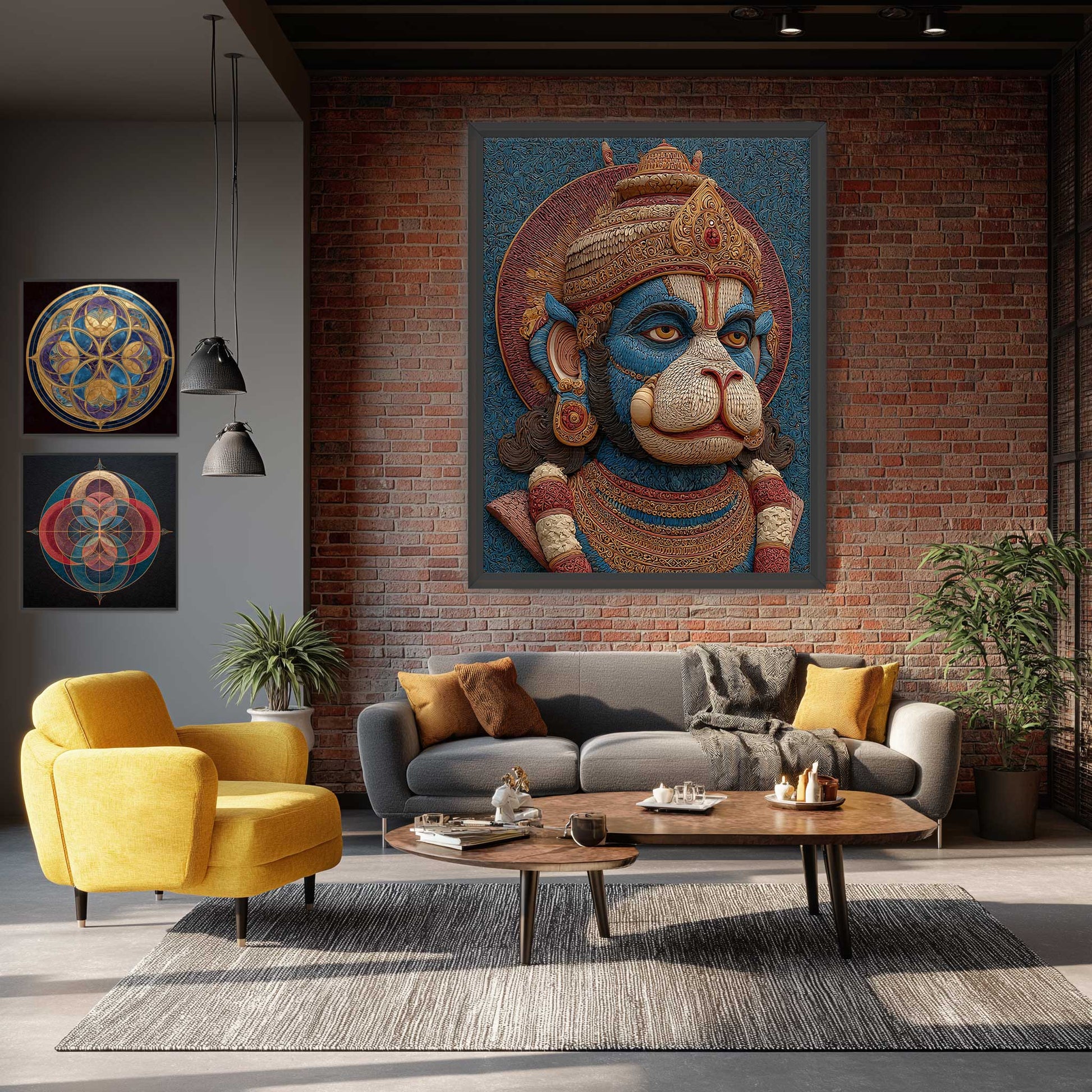 Modern living room with a large wall art piece of Hindu God Hanuman, yellow armchair, gray sofa, and wooden coffee table.