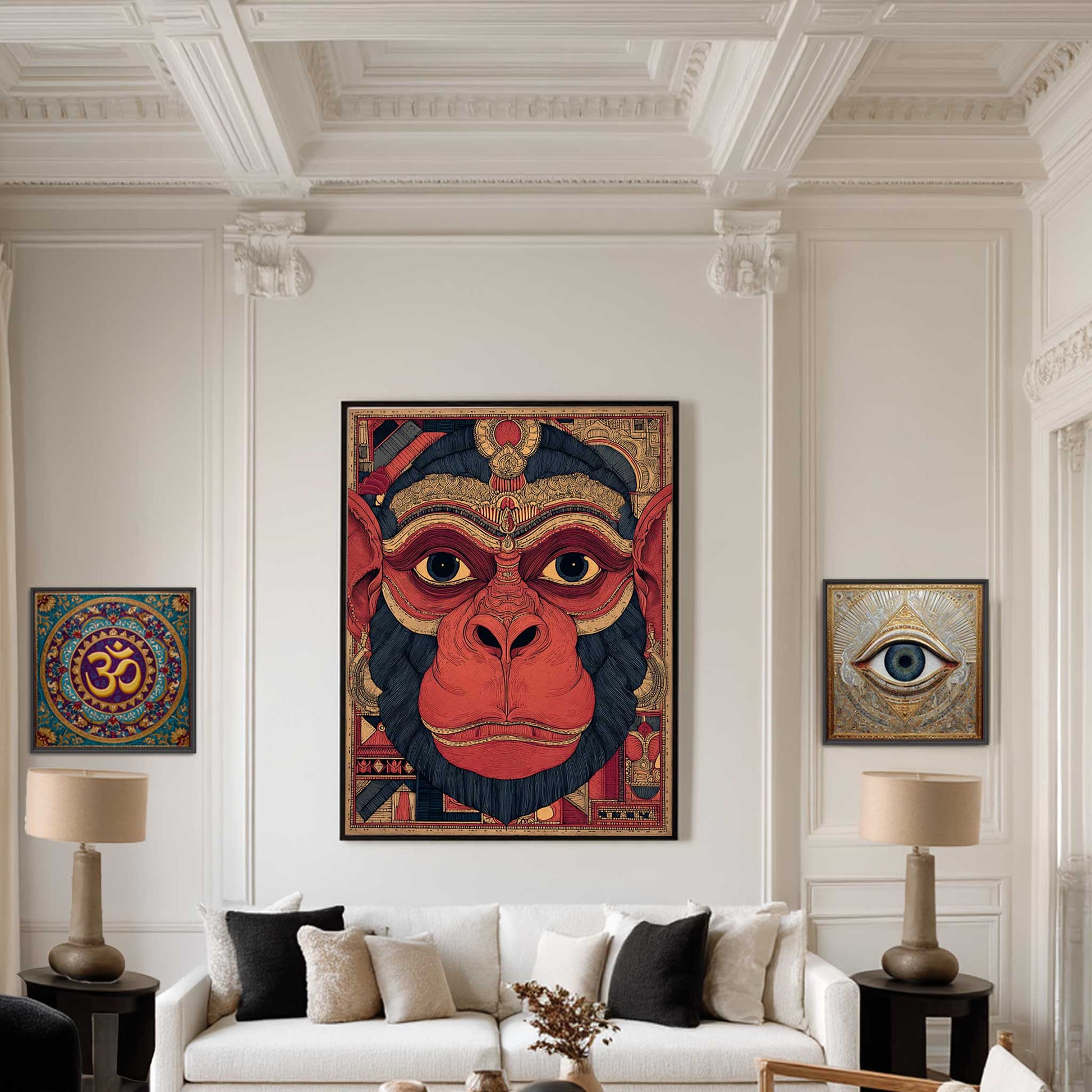 Hanuman Wall Art | Hindu Spiritual Wall Art in a living room setting with white walls and a white sofa.