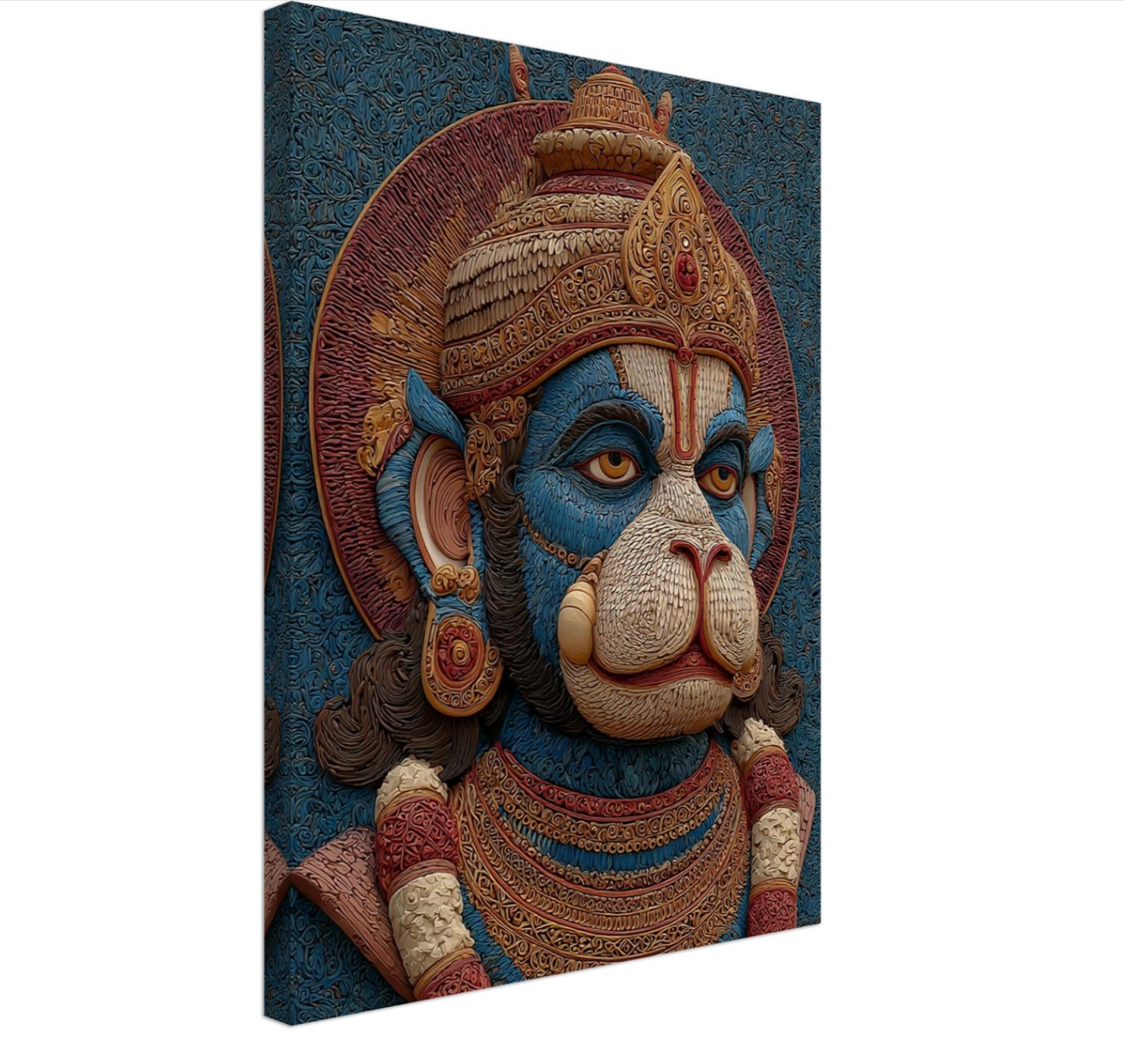 Canvas print of a detailed Beloved Hindu God Hanuman ji with intricate patterns on a textured blue background.