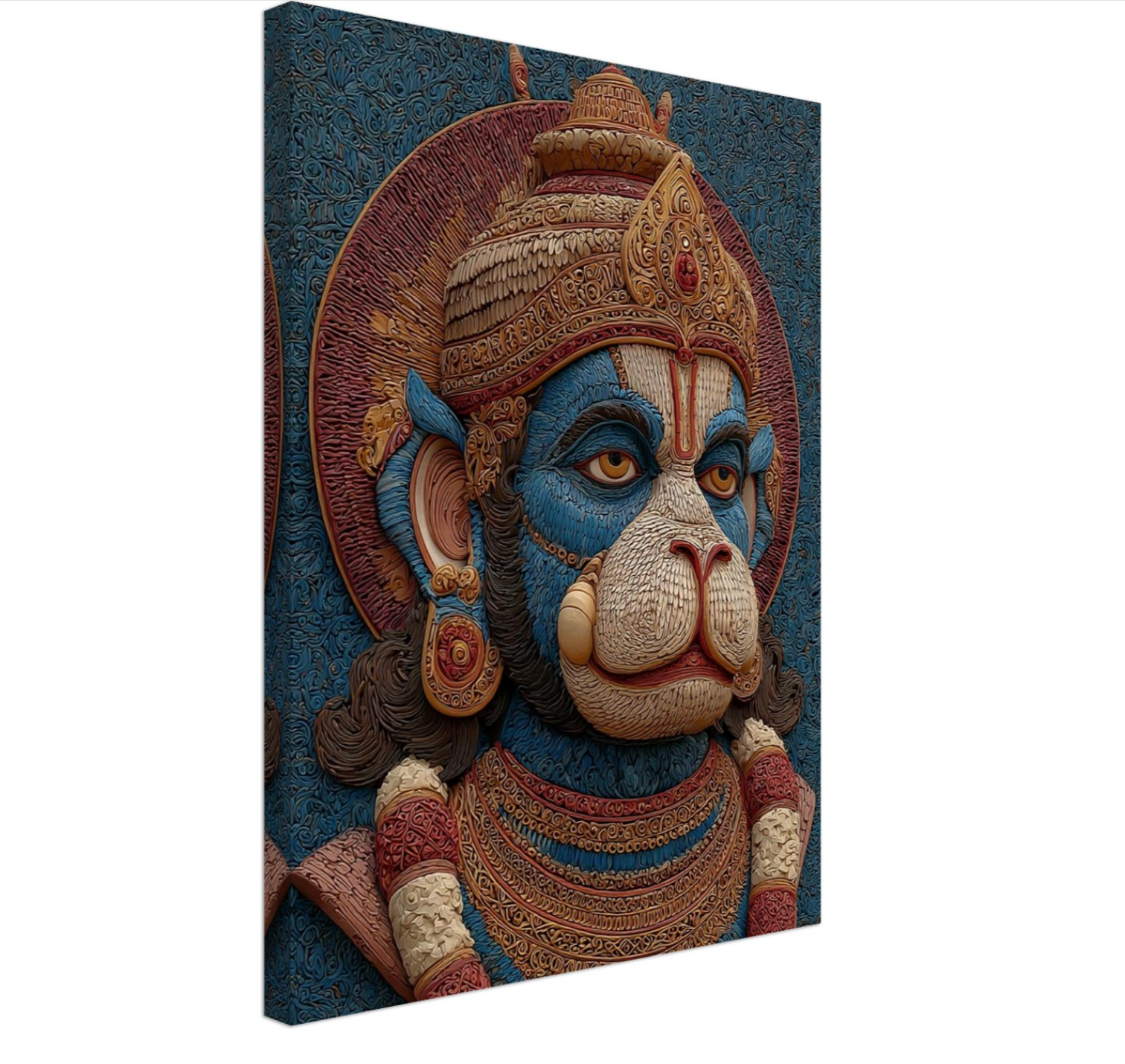 Canvas print of a detailed Beloved Hindu God Hanuman ji with intricate patterns on a textured blue background.