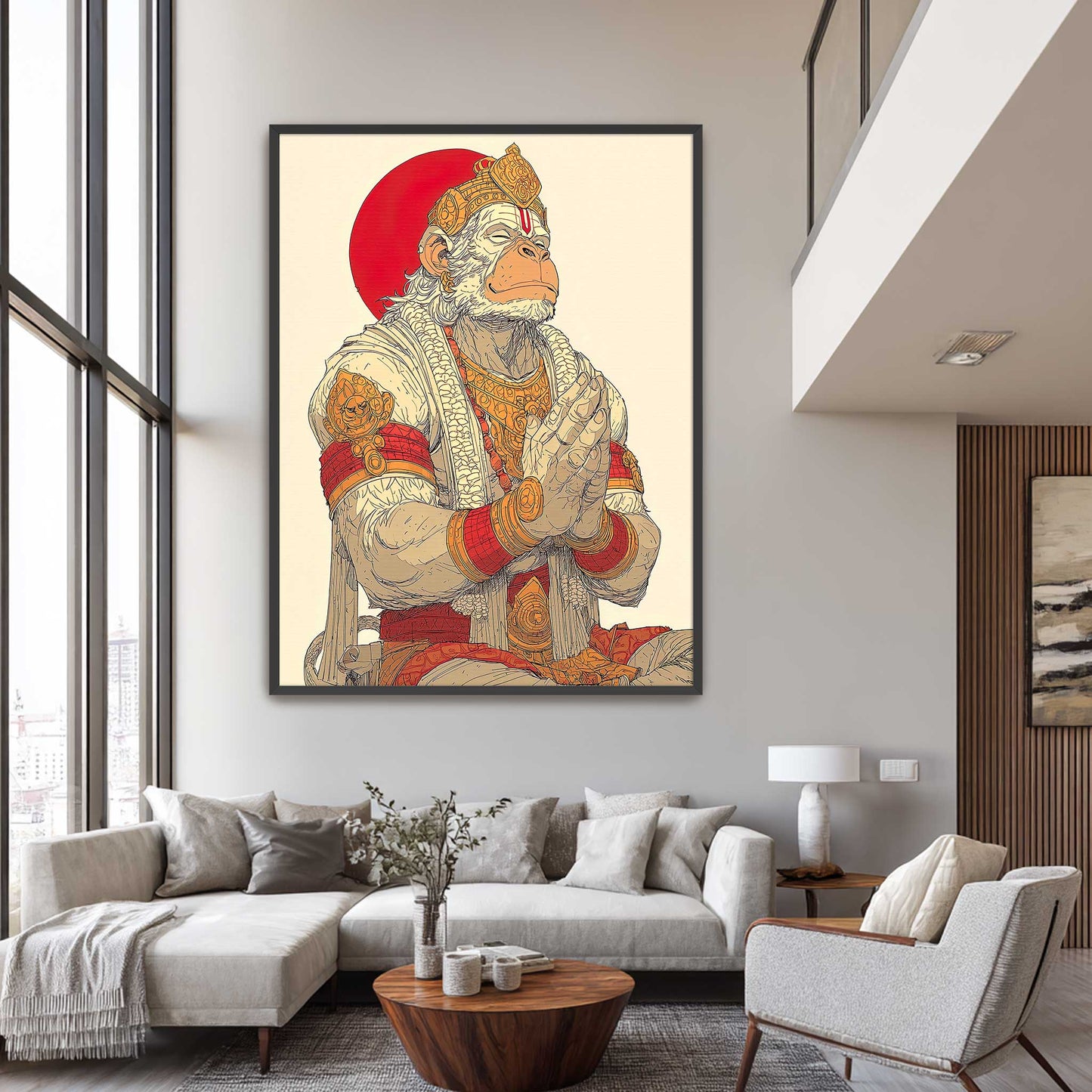 Framed artwork of Hanuman ji Hindu God modern living room.