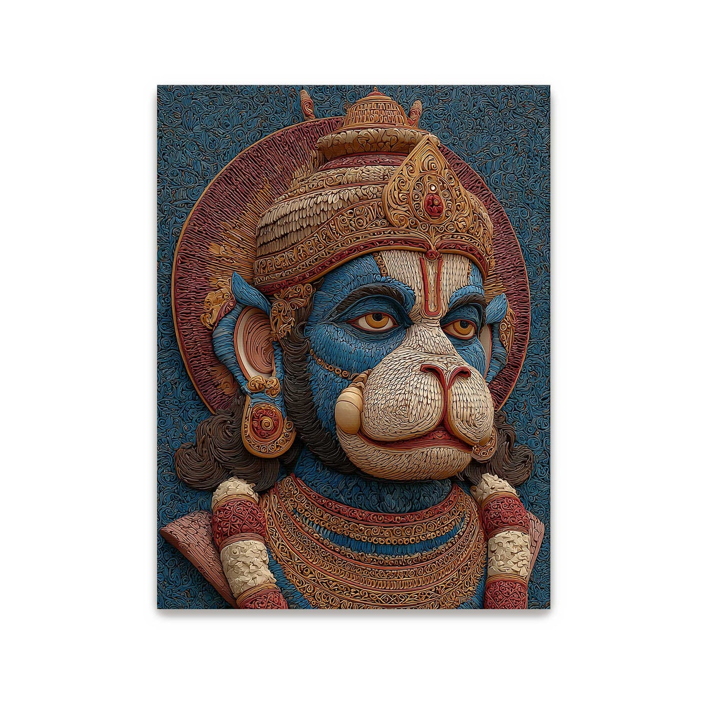 Decorative wall art of Beloved Hindu God Hanuman Ji with intricate details on a textured blue background.