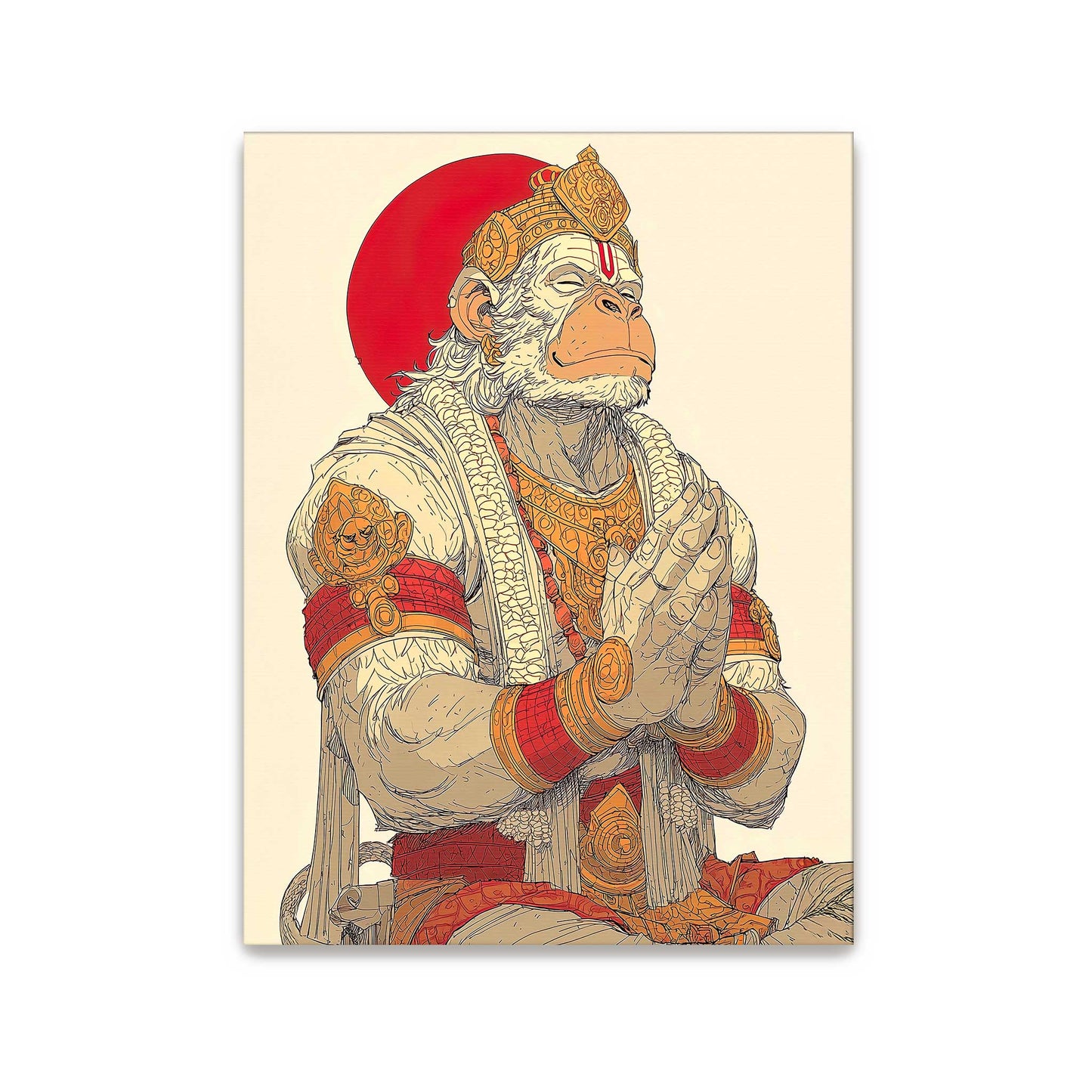 Hanuman ji  in ornate clothing with a red circle in the background