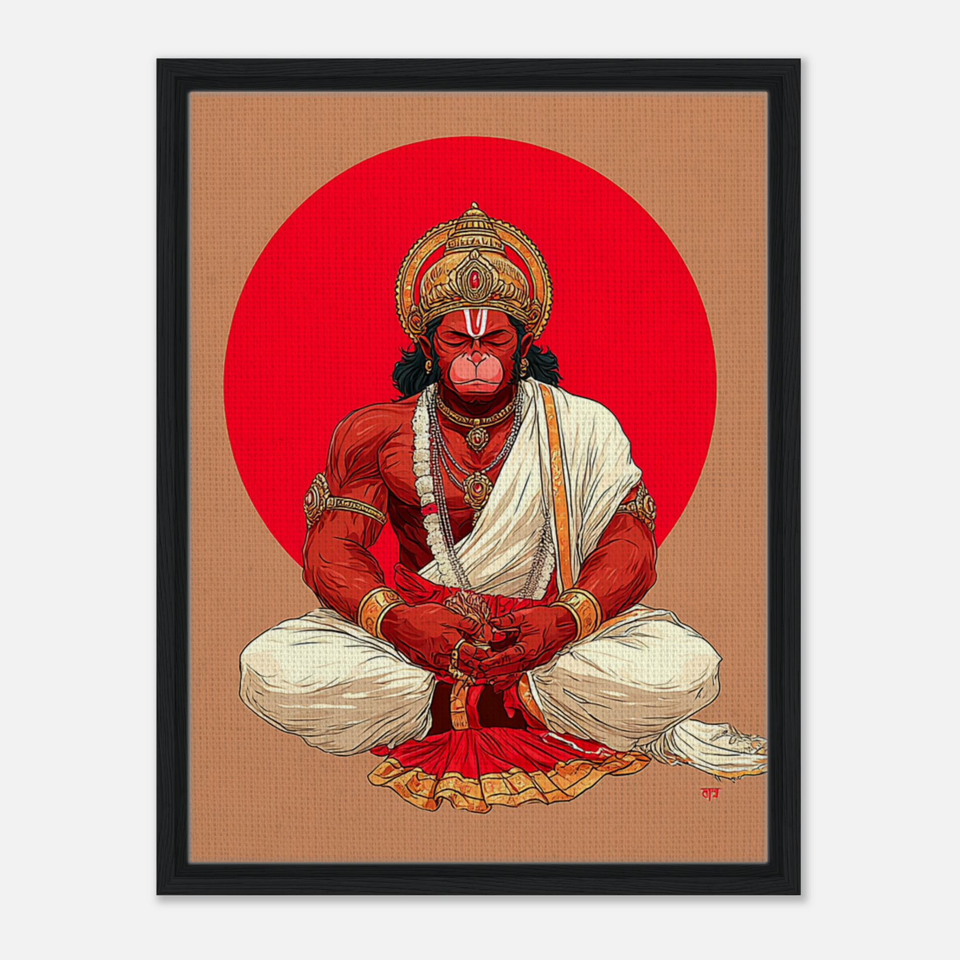 Hanuman meditation canvas wall art for modern spiritual interiors against a red circle on a beige background.
