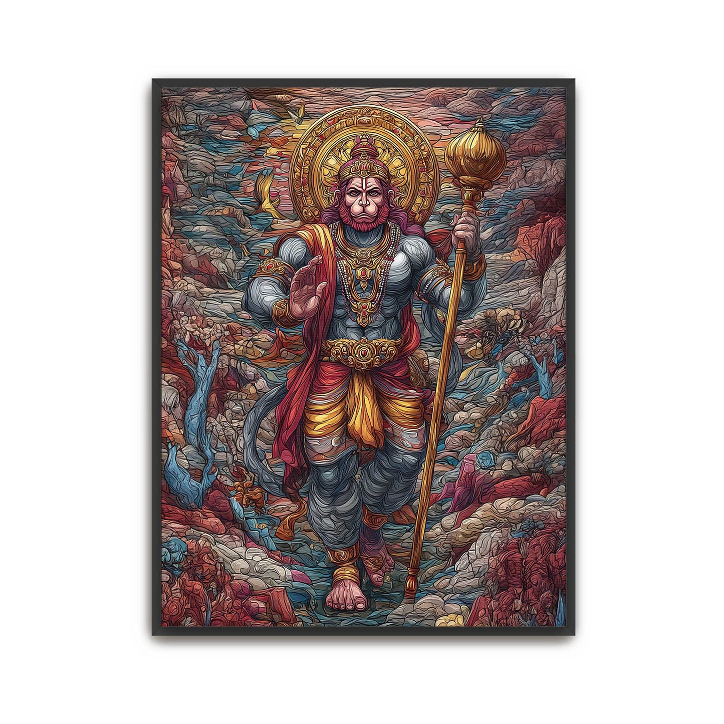 Framed artwork of a Hanuman Ji  Hanuman Wall Art for Home – Hindu Spiritual Fine Art warrior-like figure with a colorful background