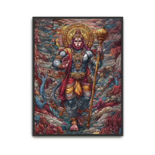 Framed artwork of a Hanuman Ji  Hanuman Wall Art for Home – Hindu Spiritual Fine Art warrior-like figure with a colorful background