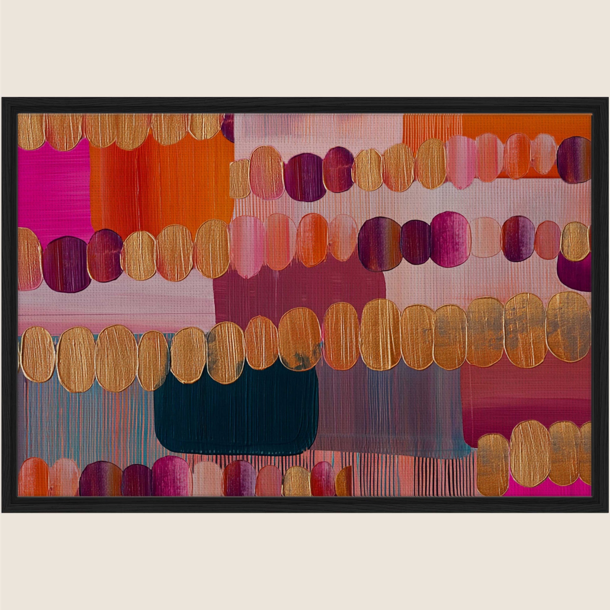 Love Energy Spiritual Wall Art Abstract geometric wall art print displayed in a black frame, featuring layered oval shapes and structured colour blocks in pink, orange, gold, and deep blue tones.
