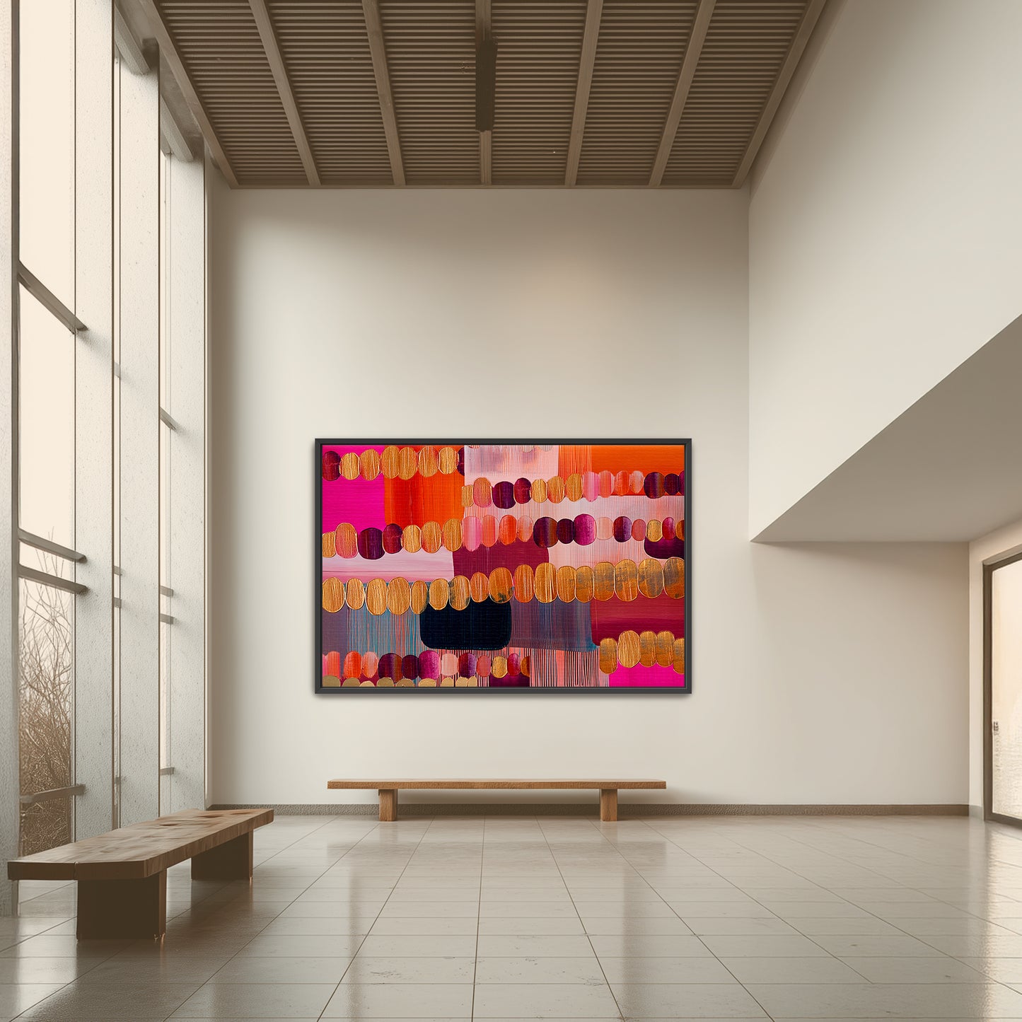 Love Energy Spiritual Wall Art Abstract geometric wall art styled in a contemporary living space, featuring repeated oval forms and textured colour blocks.