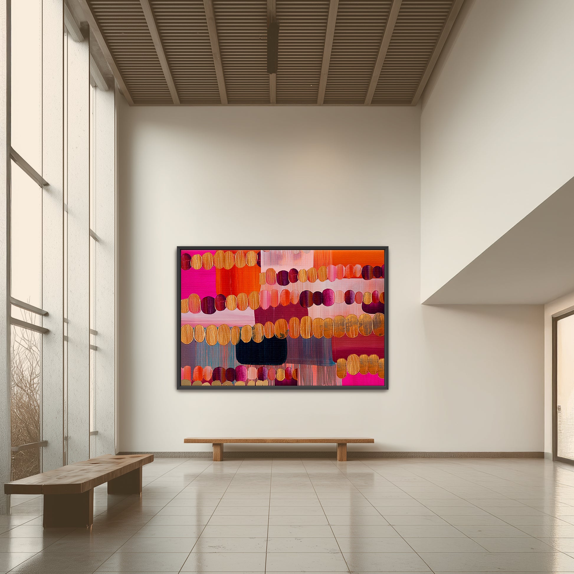 Love Energy Spiritual Wall Art Abstract geometric wall art styled in a contemporary living space, featuring repeated oval forms and textured colour blocks.