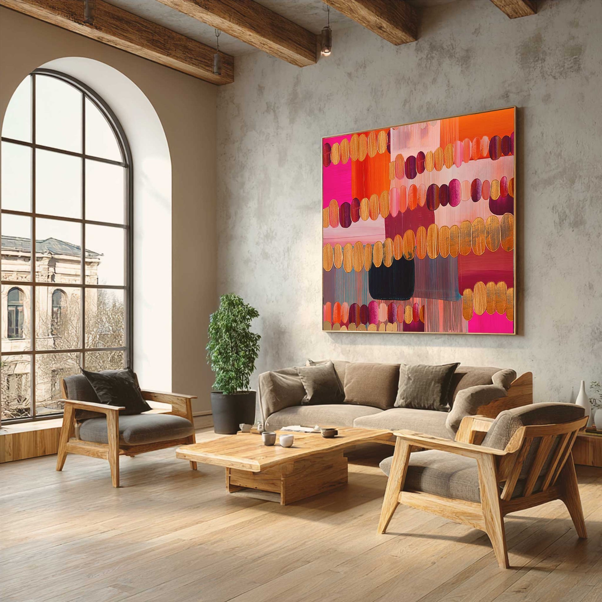 Love Energy Spiritual Wall Art Abstract geometric wall art print displayed in a modern living room interior, showing layered oval shapes and structured colour blocks in warm tones