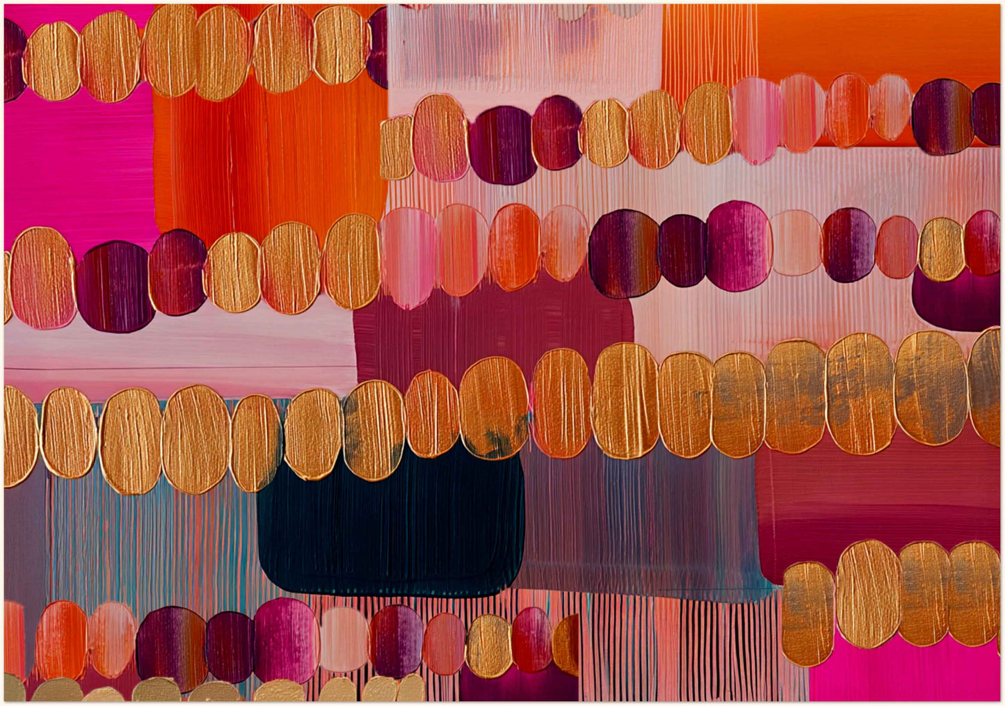 Love Energy Spiritual Wall Art Abstract geometric wall art print displayed in a black frame, featuring layered oval shapes and structured colour blocks in pink, orange, gold, and deep blue tones.