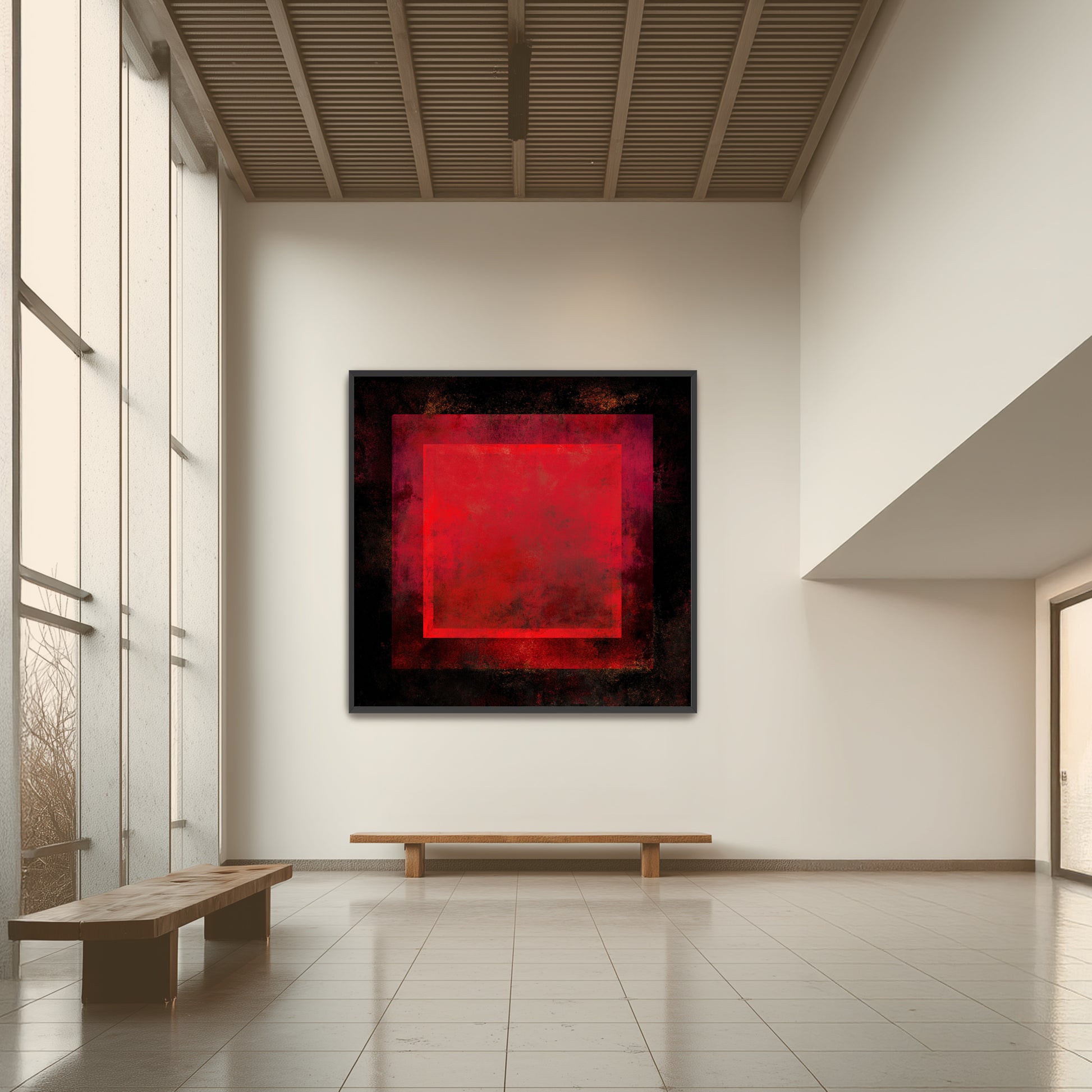 Meditation Spiritual Wall Art Print red Abstract art piece with a central red square on a black background Modern interior with a red abstract painting on a white wall