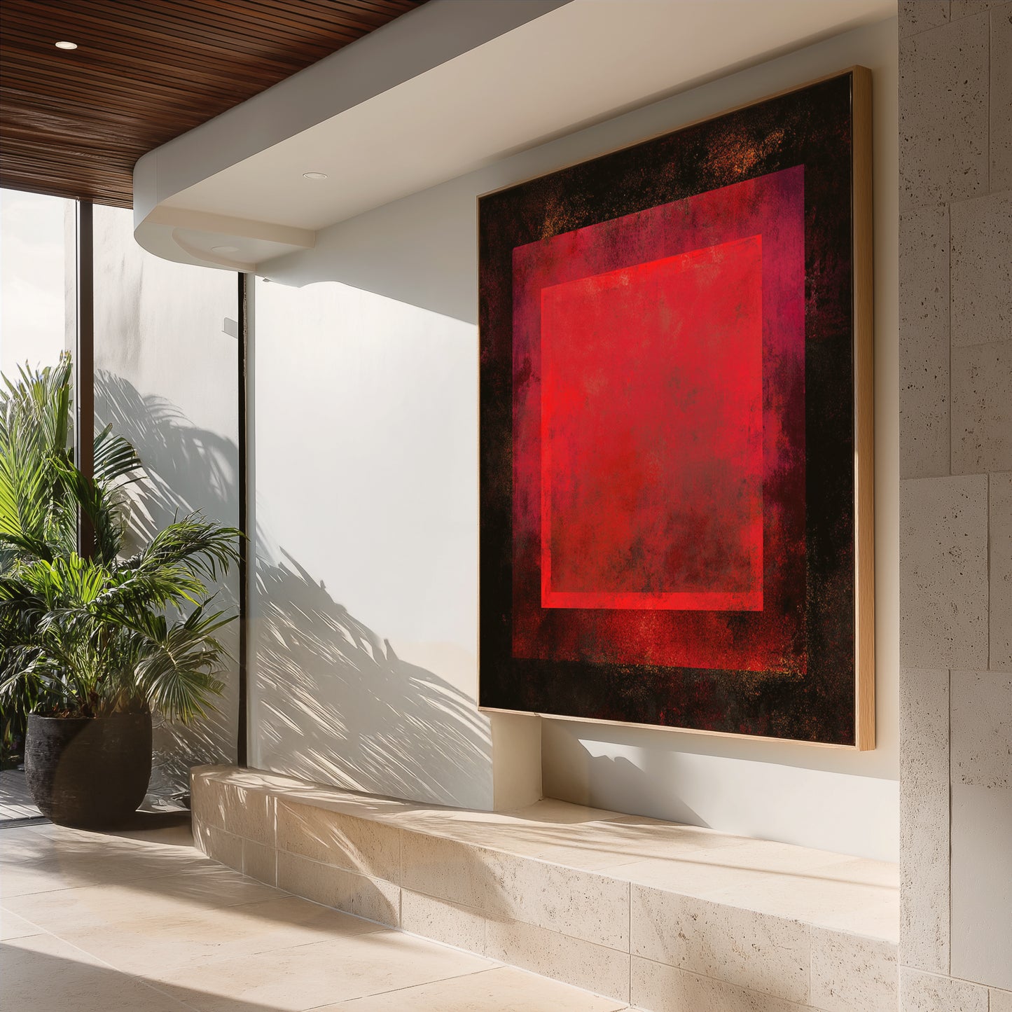 Meditation Spiritual Wall Art Print red Abstract art piece with a central red square on a black background Modern interior with a large abstract painting featuring a red square on a wall.