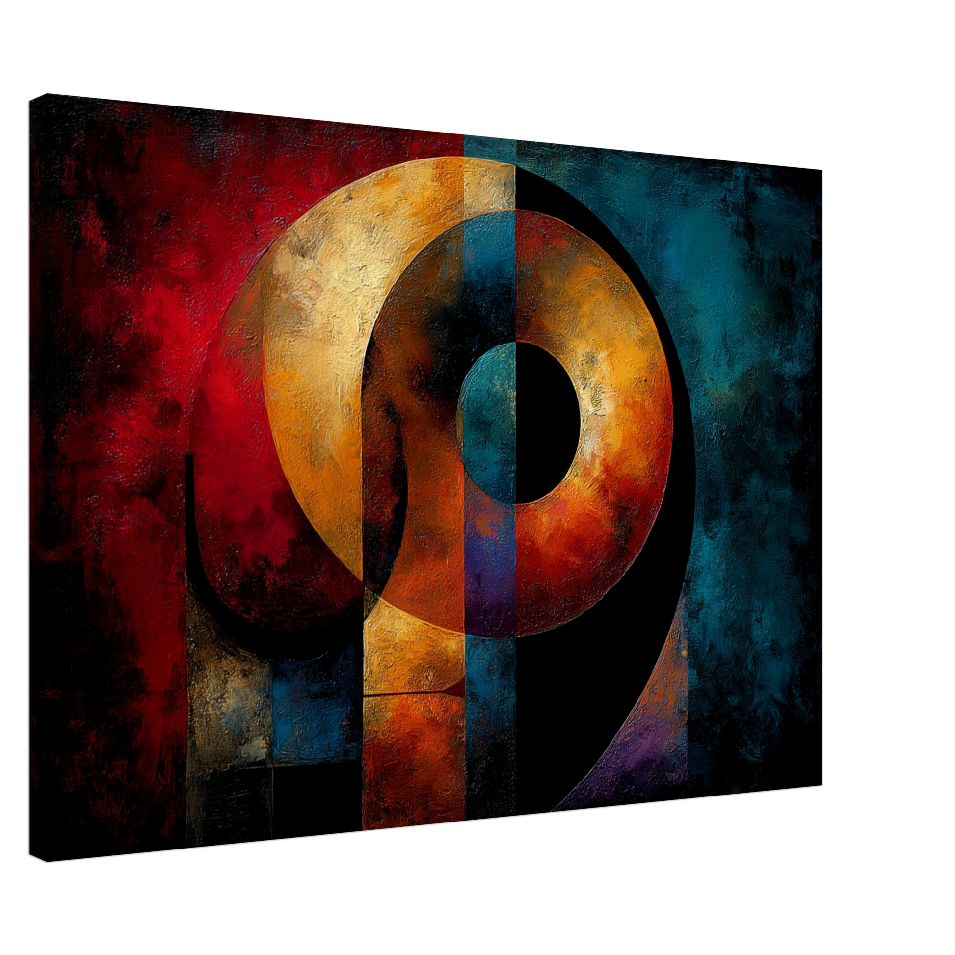 Sacred geometry spiritual wall art print featuring layered circular shapes and geometric forms in  metallic red, gold, blue, and black tones, 