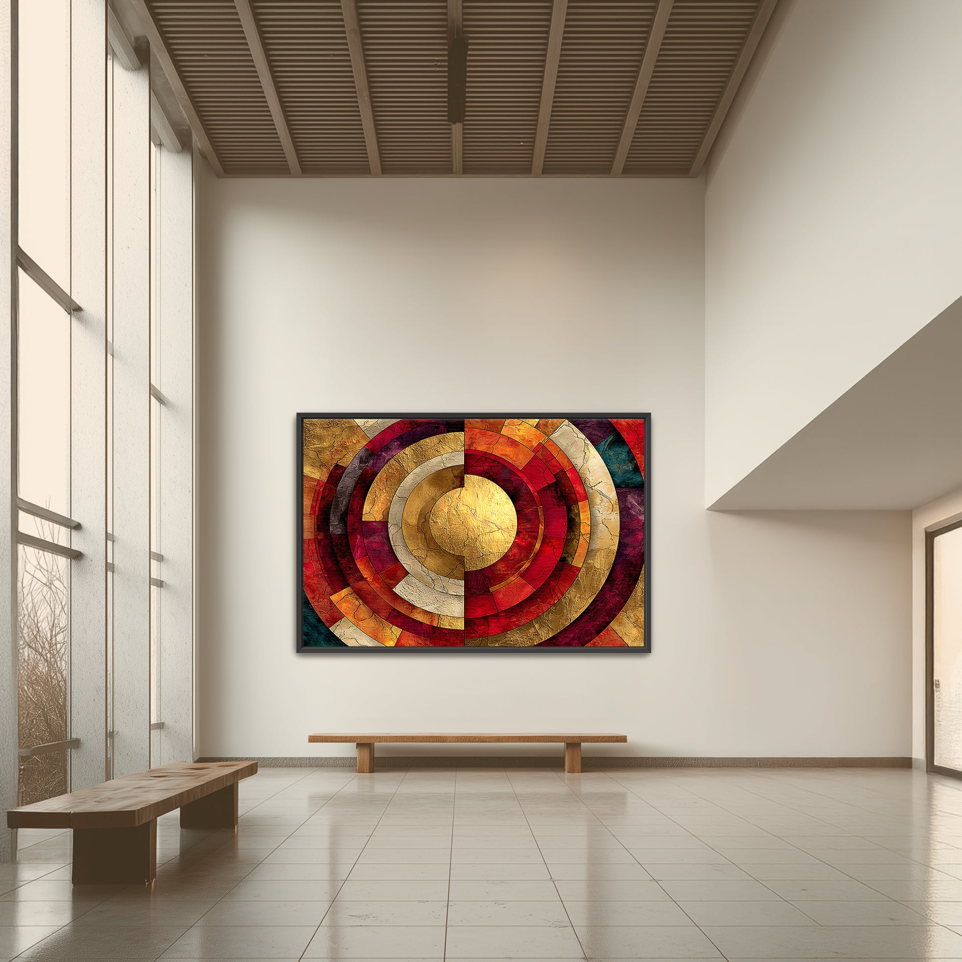 Sacred geometry spiritual wall art   displayed in a modern living room interior, showing abstract concentric circular design in warm red and gold colours.