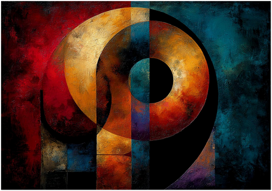 Sacred geometry spiritual wall art print featuring layered circular shapes and geometric forms in  metallic red, gold, blue, and black tones, 