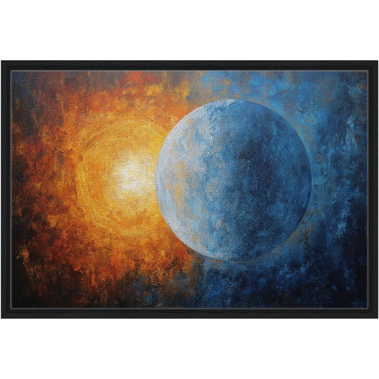  Spiritual Balance Wall Art PrintBlack Frame spiritual wall art with sun and moon symbolism, representing balance, duality, and spiritual awakening for contemporary interiors.