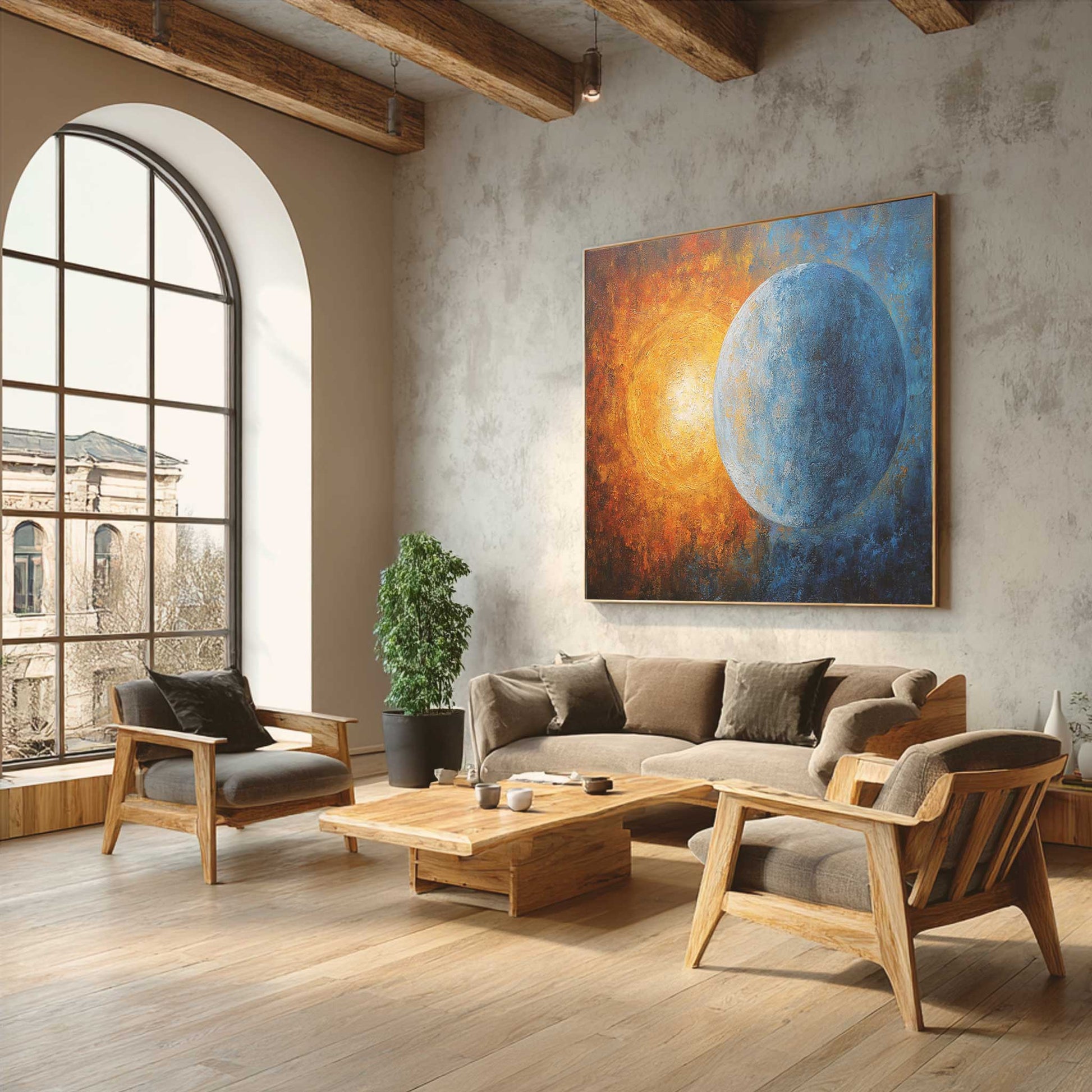 Spiritual Balance Wall Art Print featuring a glowing sun and blue moon, representing light and darkness, balance, and universal consciousness for mindful home decor. Modern living room with wooden furniture, a sofa